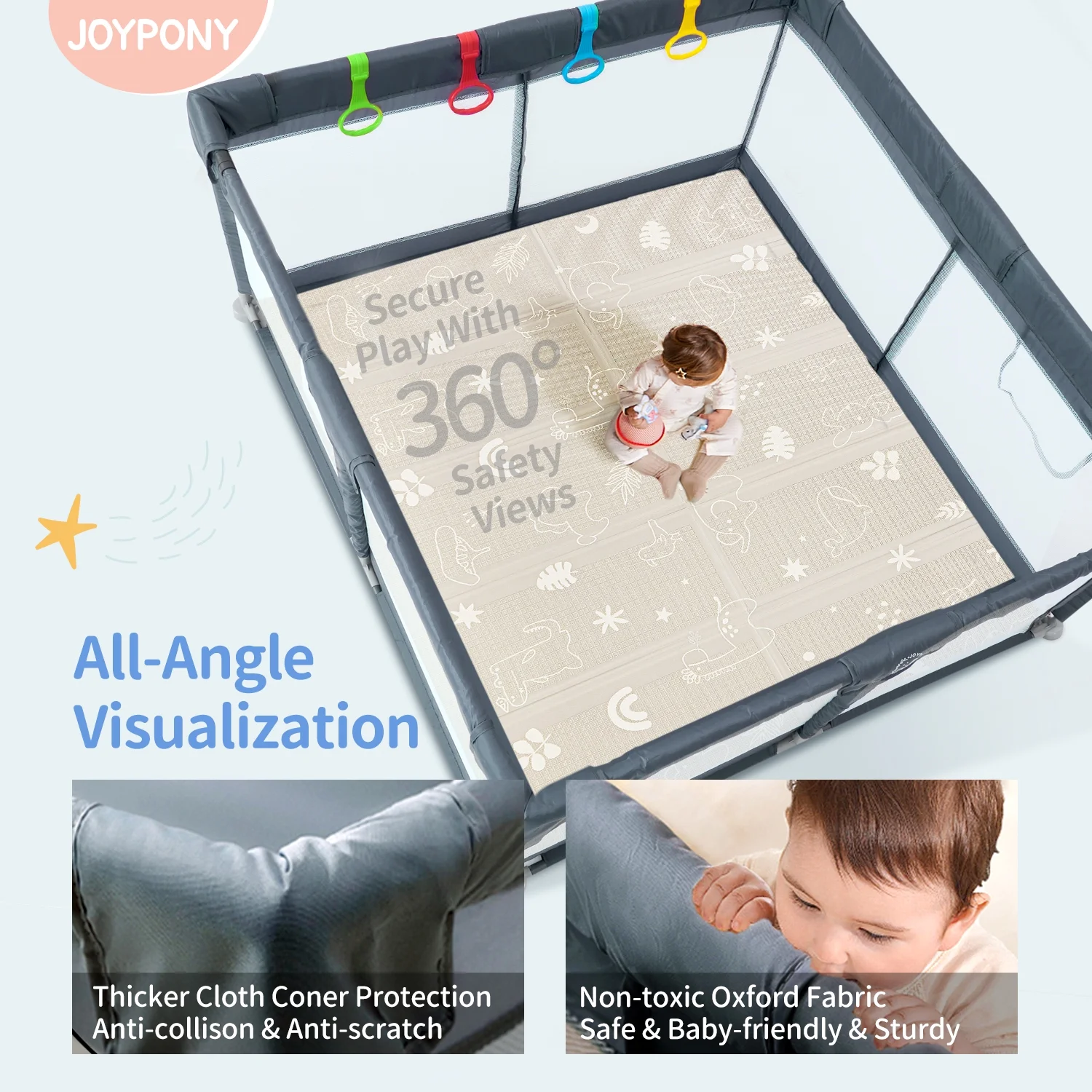 Joypony Grey Baby Playpen,Baby Playards Large Safety Play Center Yards,Kids Play Activity Center with Gate,Super Soft Mesh, Sturdy Fence Play Area for Toddlers,50 x 50 x 27 inches