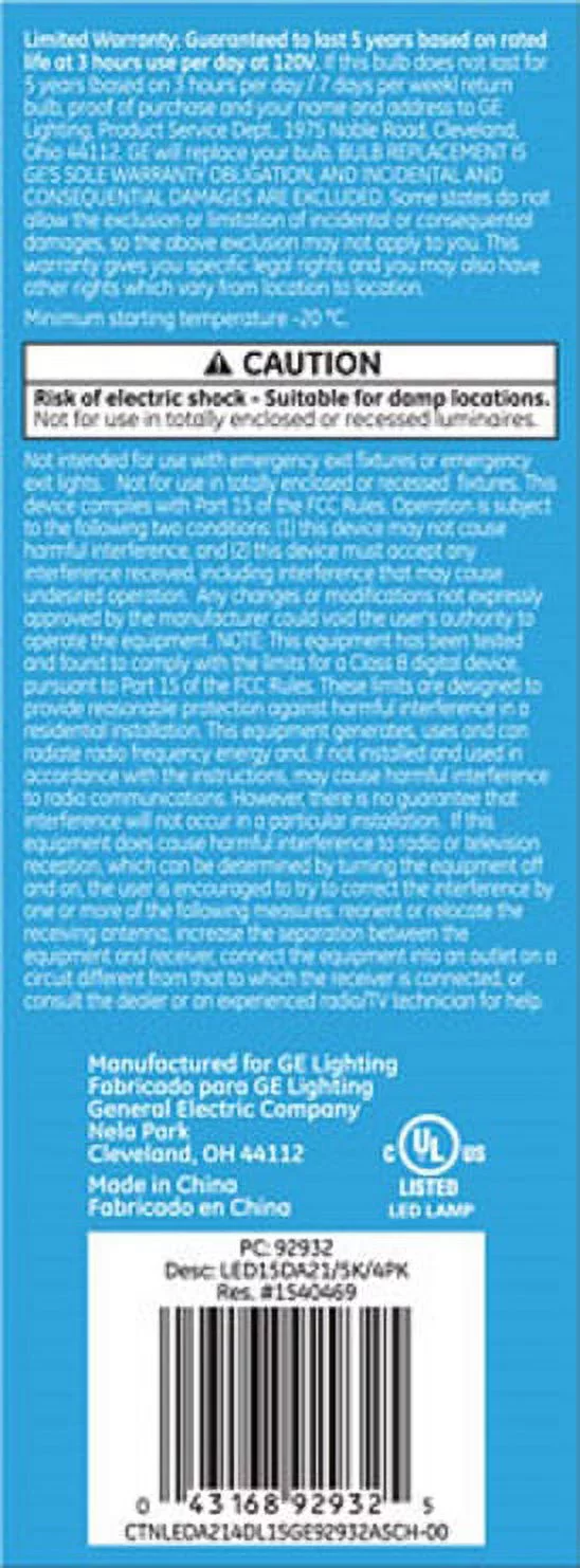 GE LED 17W Daylight General Purpose, A21 Medium Base, Dimmable, 4pk Light Bulbs