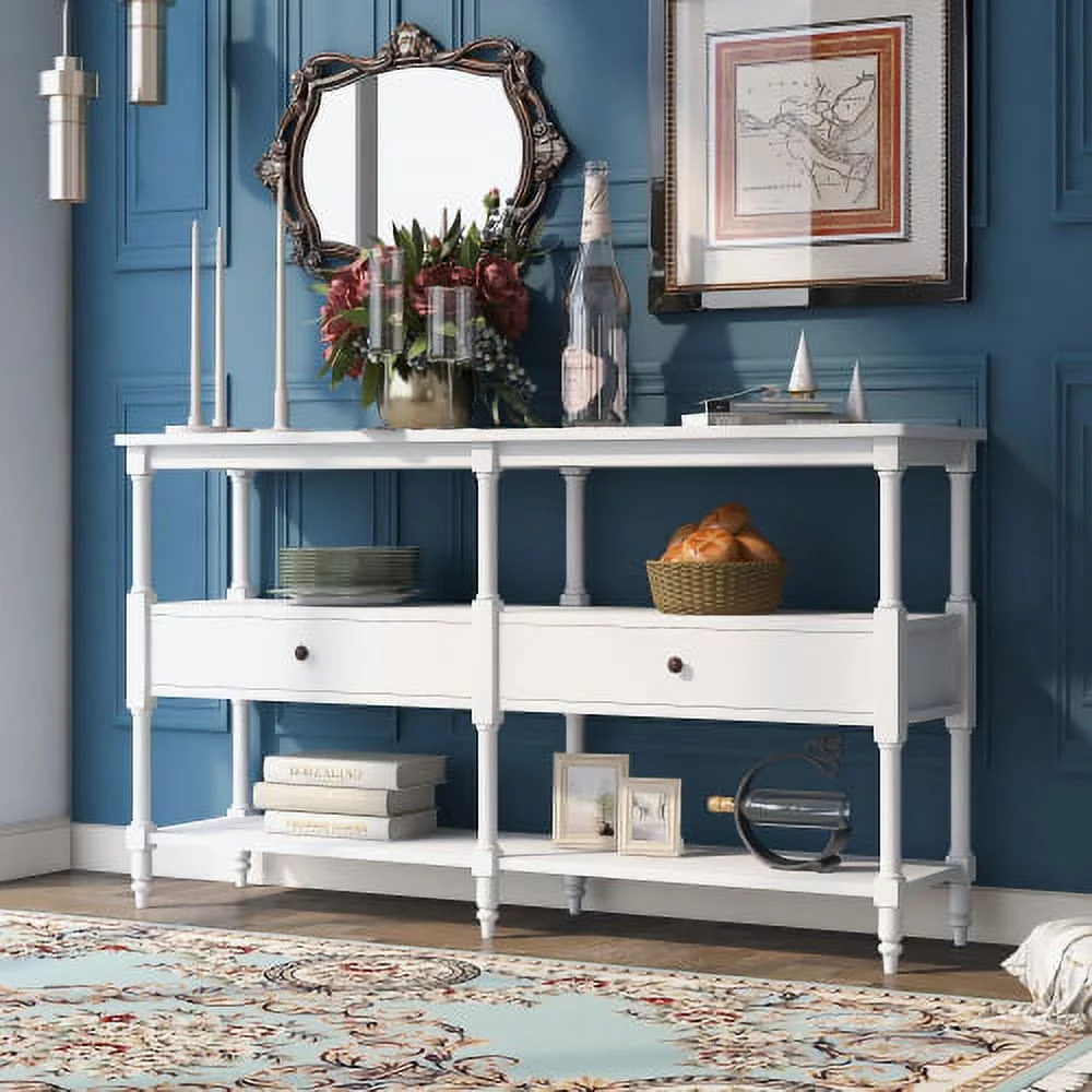 Wulawindy Rustic Console Table Sofa Table with 3-Tier Open Storage Shelf and Two Drawers for Living Room (Cherry+ Antique Blue)