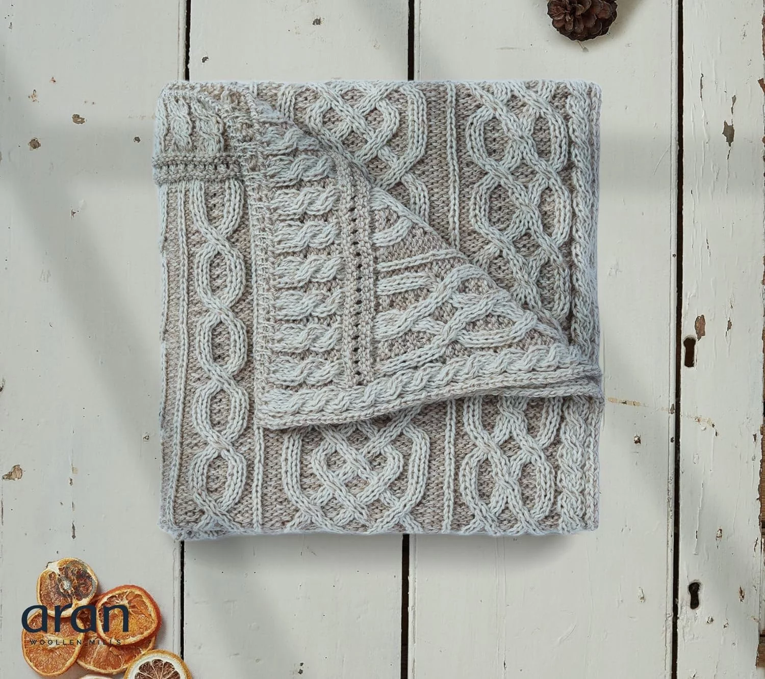 Carraig Donn Irish Cable Knit Blanket Celtic Aran Throw - 100% Merino Wool Made In Ireland - 40