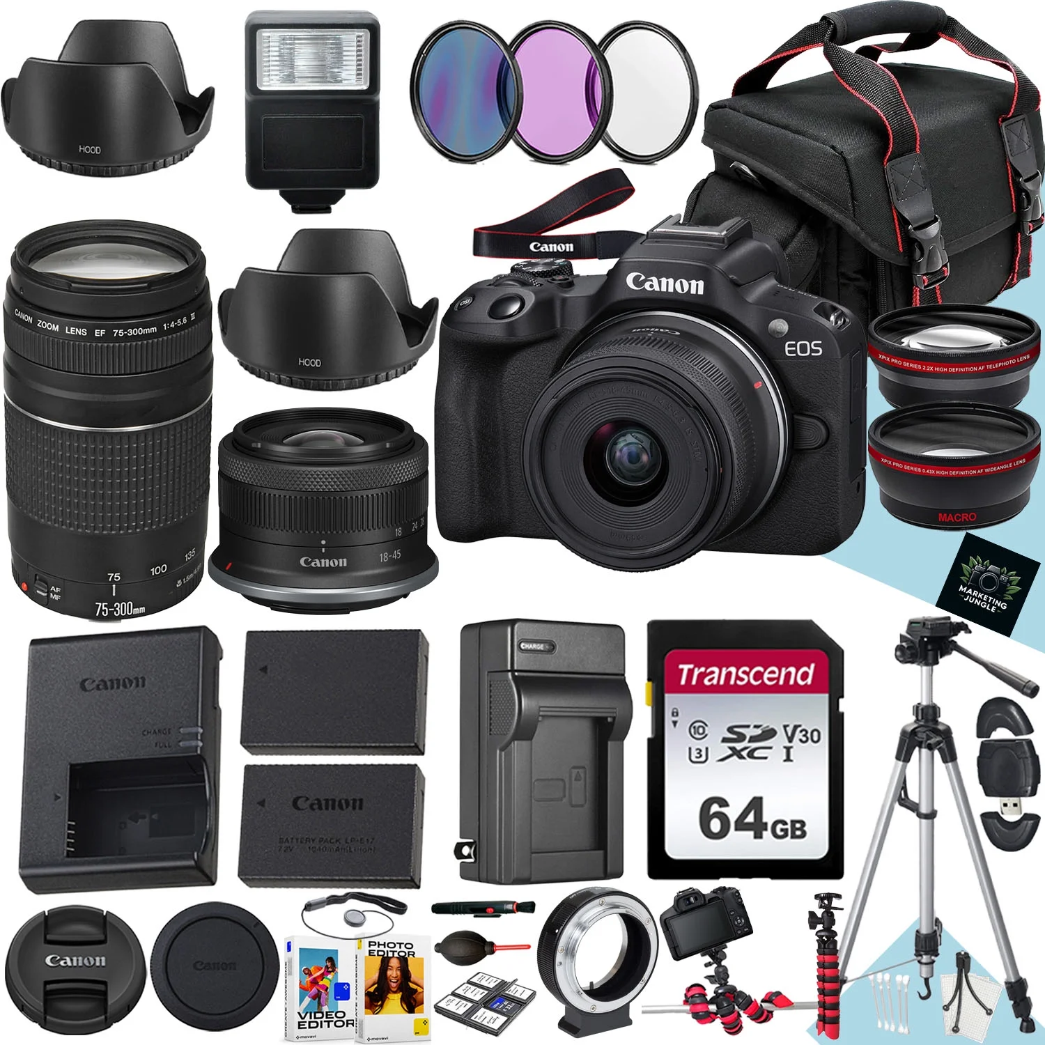 Canon EOS R50 Mirrorless Camera With RF-S 18-45mm f/4.5-6.3 IS STM And EF 75-300mm f/4-5.6 III Lens + 64 GB Memory + Extra Battery + Battery Charger + Filters + Tripod + More (31pc Bundle)