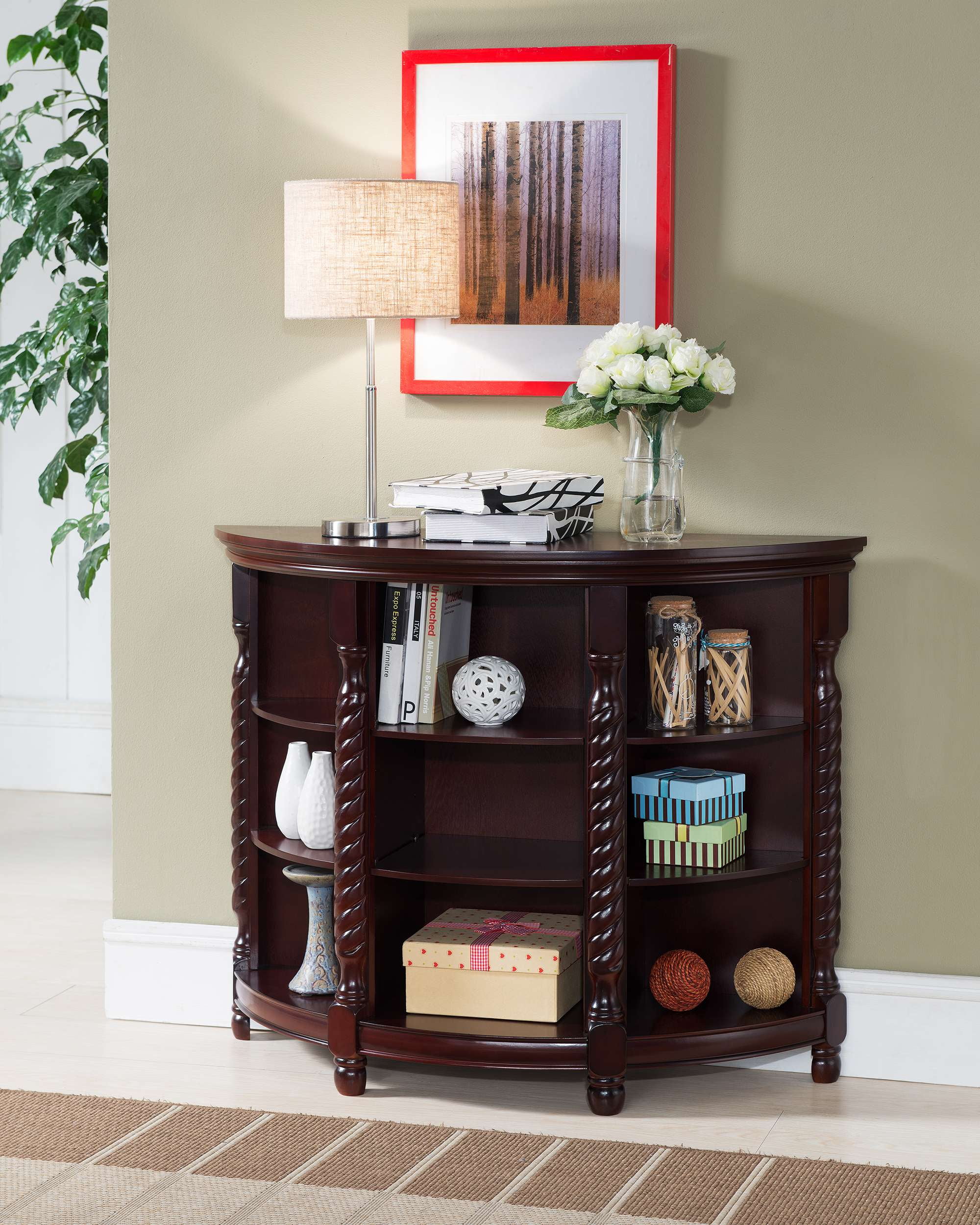 Kings Brand Furniture Traditional Wood Buffet Console Table with 9 Shelves, Crescent Style, Dark Cherry