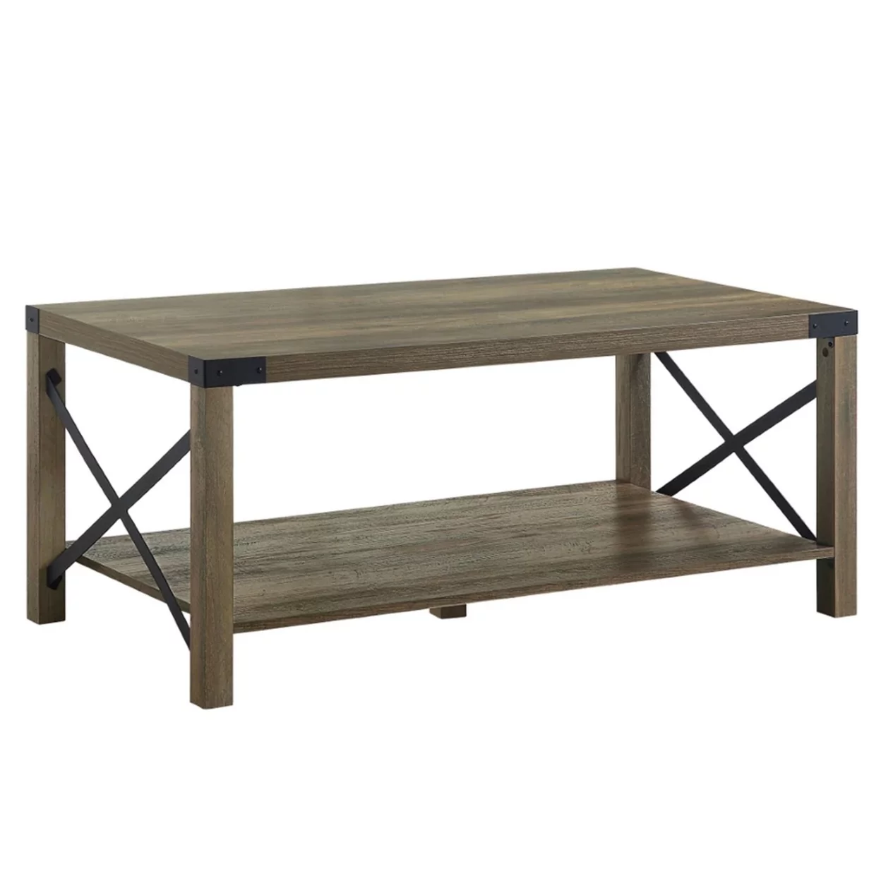 Eli 47 Inch Wood Coffee Table Metal Brackets Cross Bars Rustic Oak Brown - Saltoro Sherpi