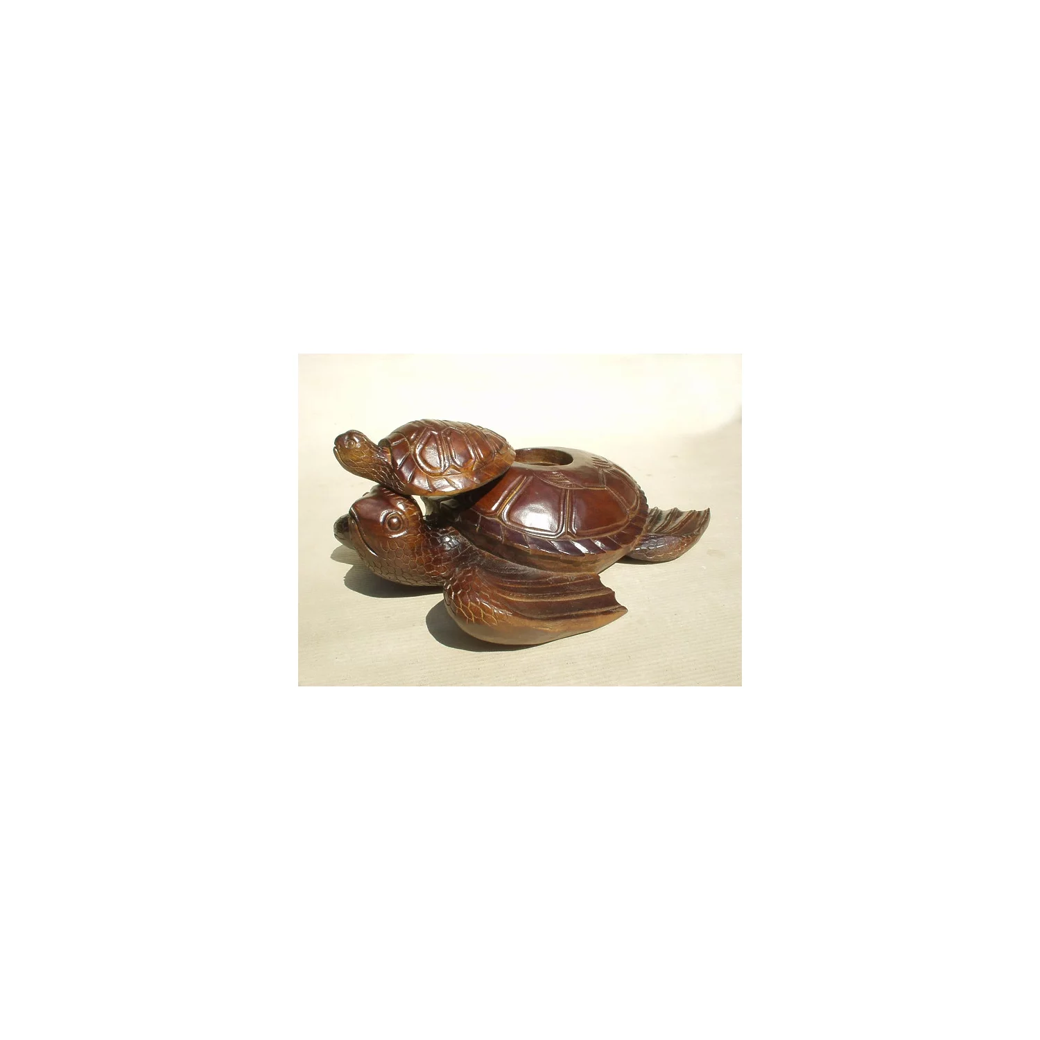 D-Art Collection Teak and Mahogany Solid Wood Turtle Statuettes in Dark Brown