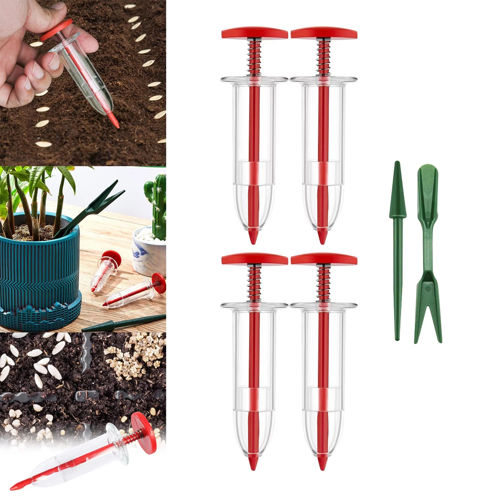Manual Seeder Dispenser, Garden Seedling Tool, Garden Planter Starter, Garden Seeder with Transplanting Tools Red
