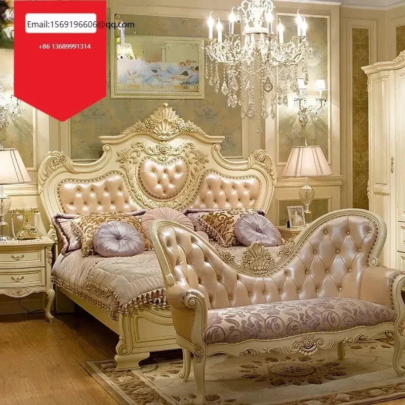 European-style solid wood leather bed villa bedroom leather double bed luxury wedding bed custom furniture