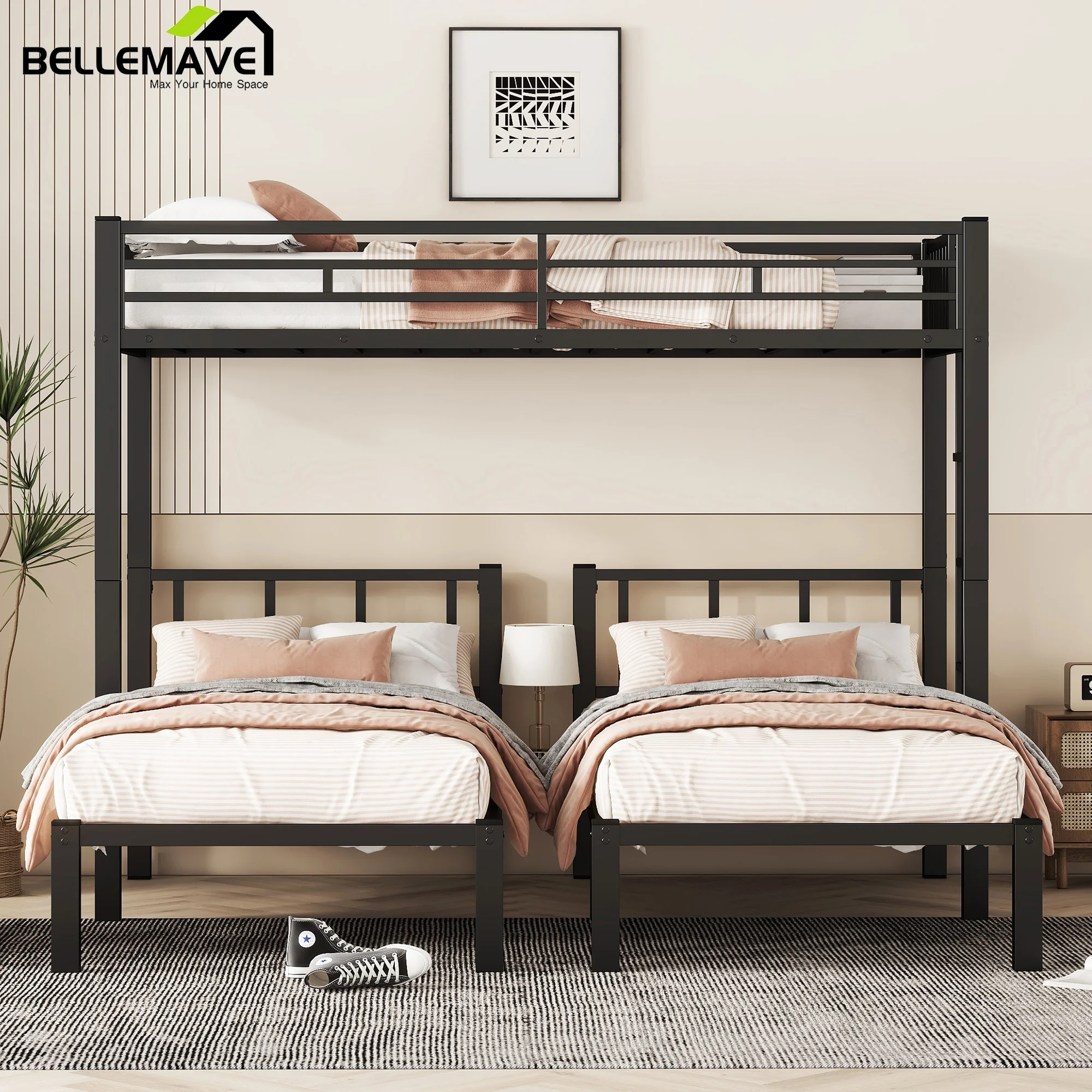 Bellemave Twin over Twin and Twin Bunk Bed Frame Noise Reduced Metal Triple Bunk Bed with Slats Lockers 3 Beds in 1 Bunk Bed Frame Convertible 3 Bunk Bed for Kids Teens Boys Girls, Black