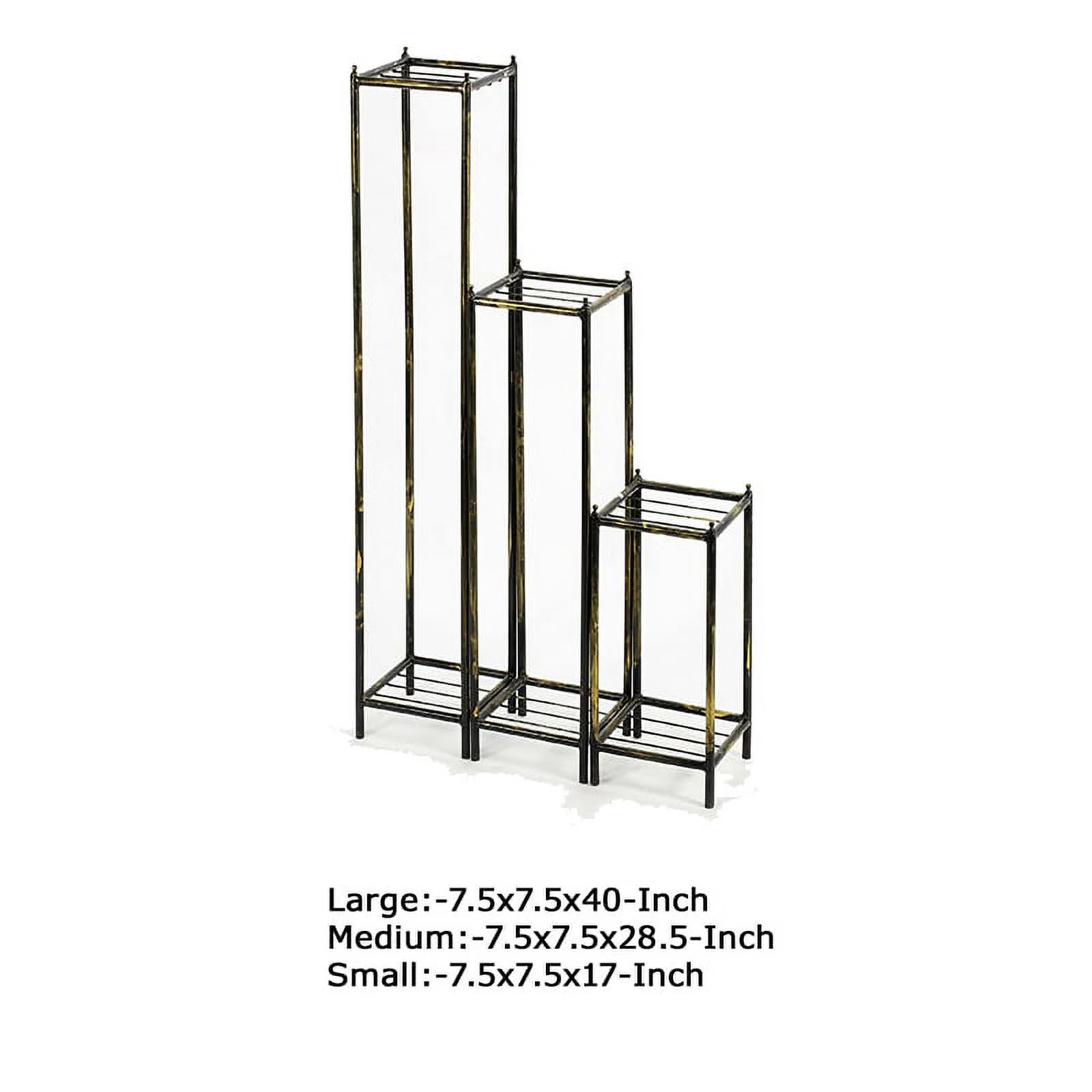Benjara 40, 29, 17 Inch 2 Tier Square Metal Plant Stand, Slatted, Set of 3, Black, Gold