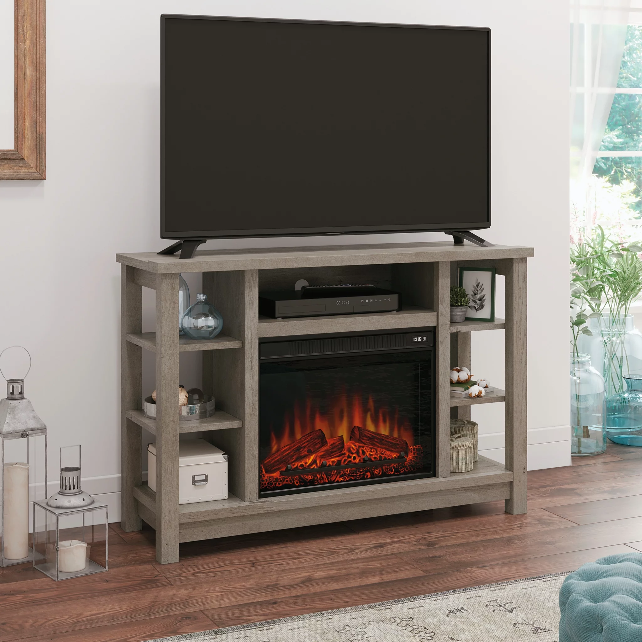 Sauder TV Stand with Electric Fireplace & Storage for TVs up to 50