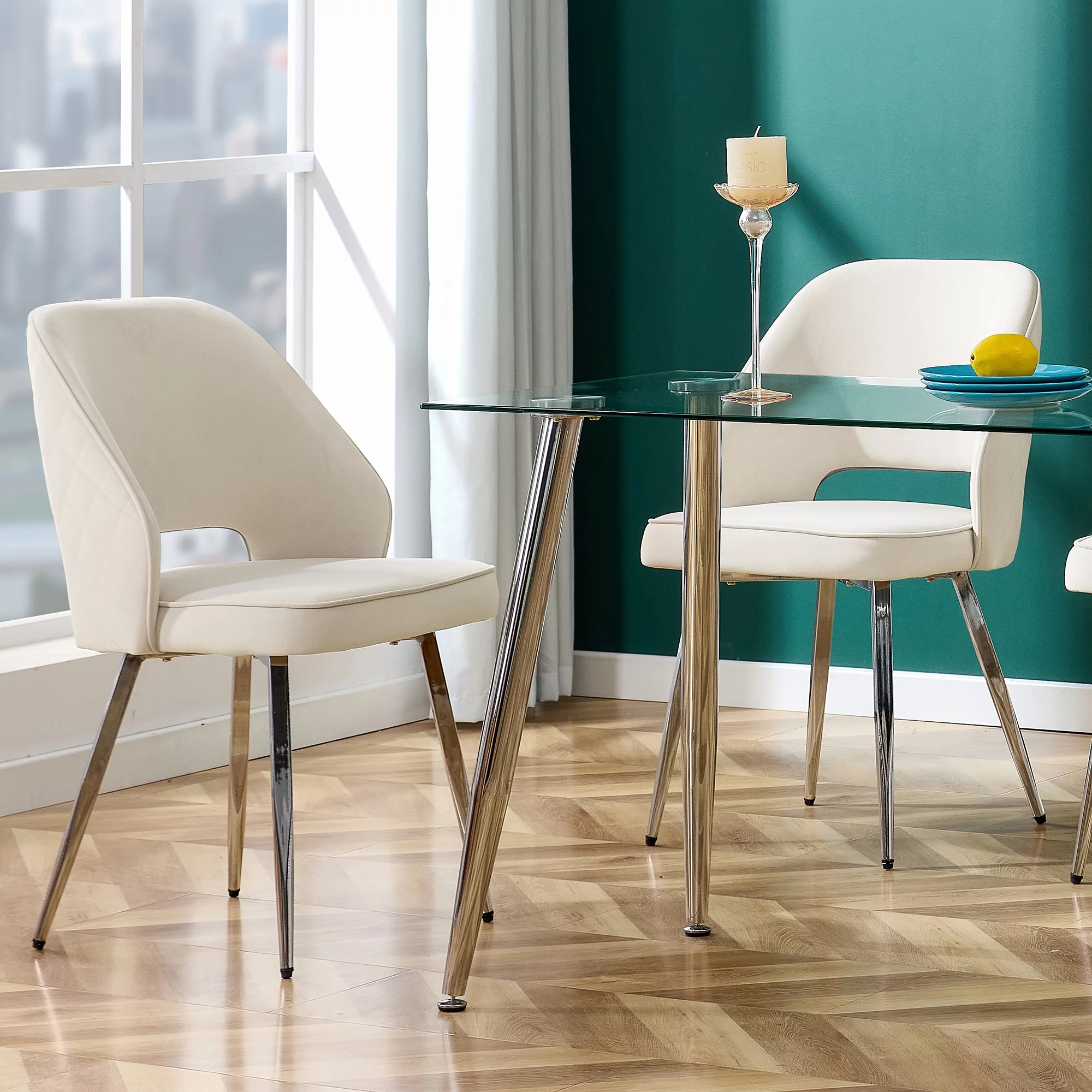 Modern Dining Chairs, Velvet Accent Chair, Living Room Leisure Chairs, Upholstered Side Chair with Metal Legs for Dining Room Kitchen Vanity Patio Club Guest (Set of 2) （Light Beige Office Chairs）