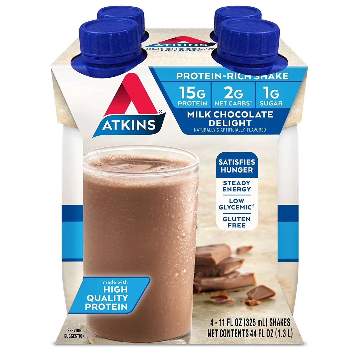 Atkins, Advantage, Milk Chocolate Delight Shake, 4 Shakes, 11 fl oz (325 ml) Each Pack of 2