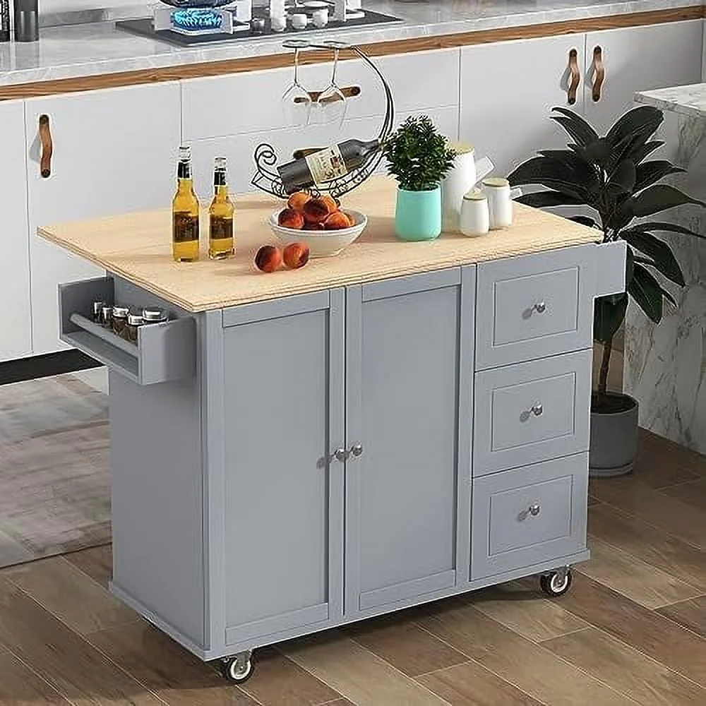 TJCGDTY Rolling Kitchen Island Cart with Folding Drop Leaf and  Cabinets  Kitchen Cart on Wheels with Spice Rack  Towel Rack and 3 Drawers  Dark Blue