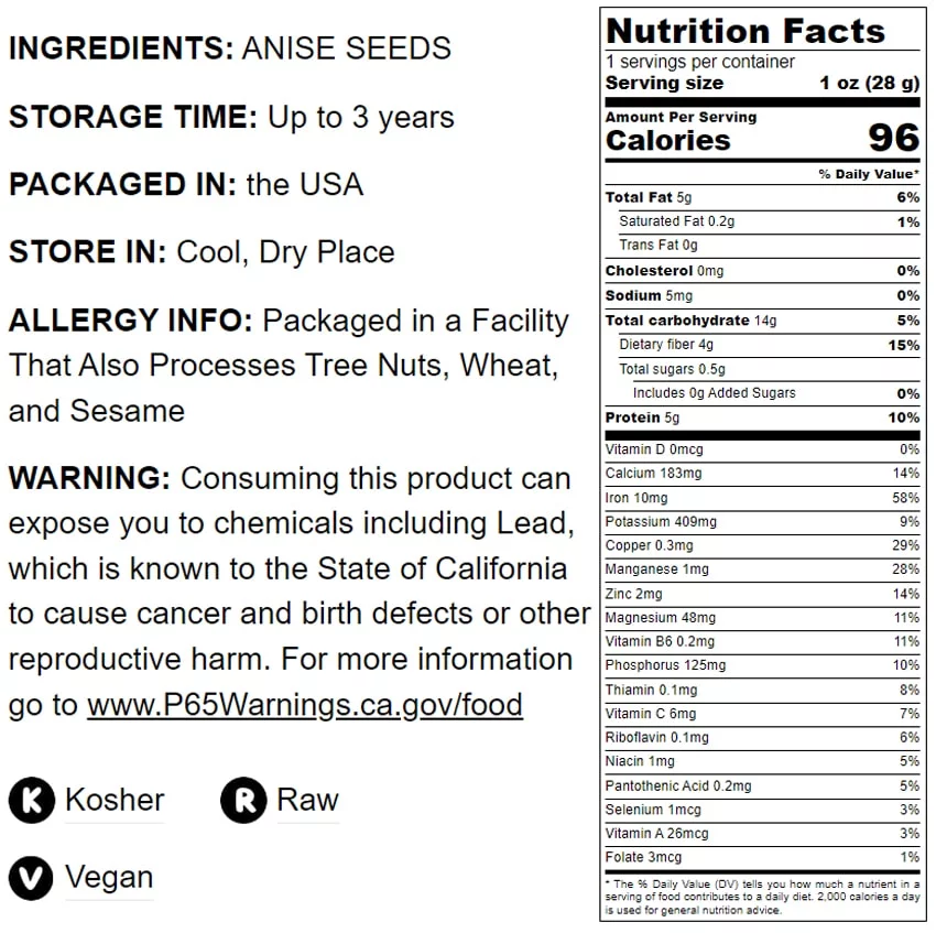 Anise Seeds, 1 Pound — Kosher, Vegan, Raw — by Food to Live