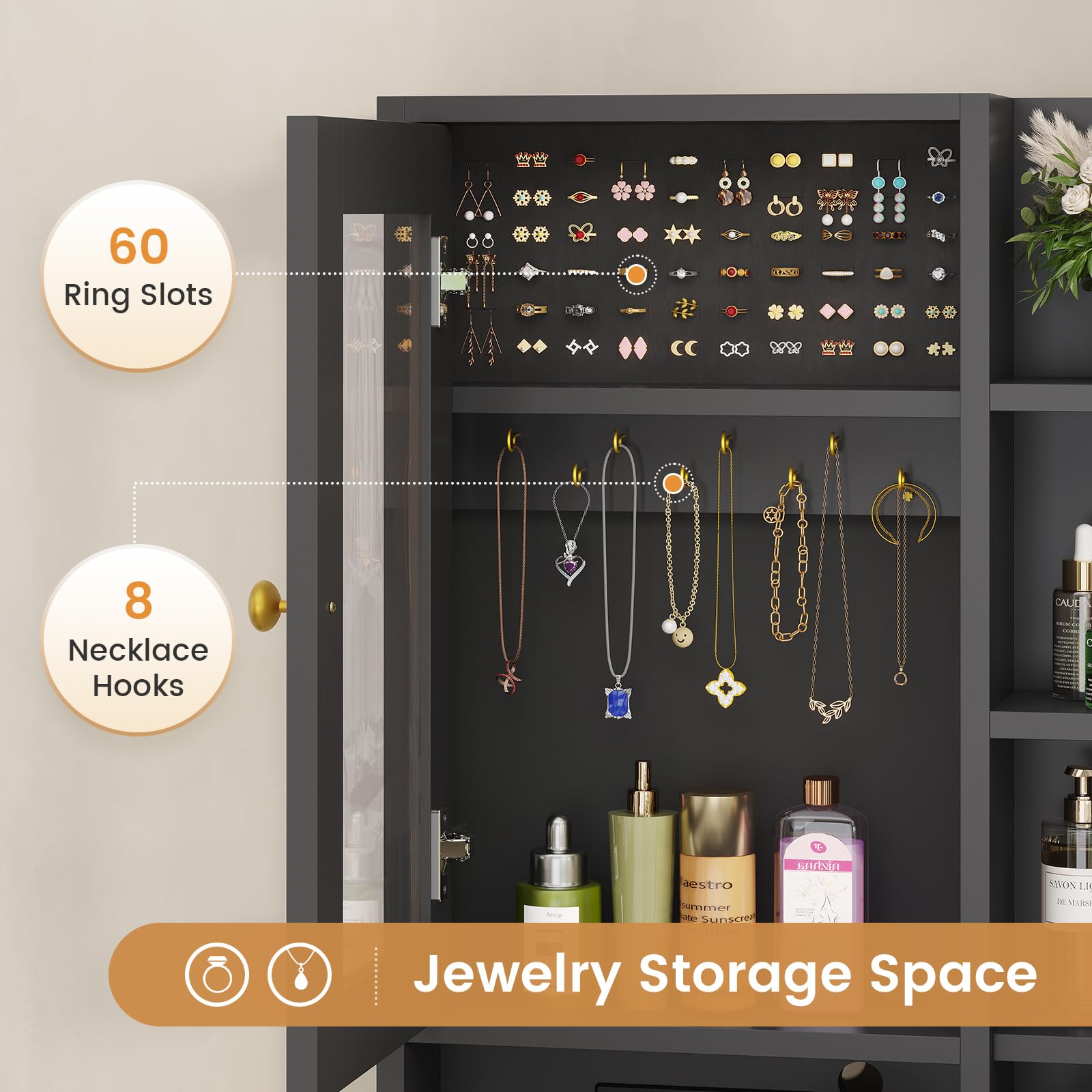 Afuhokles Vanity Desk Set with Lighted Mirror and Charging Station, Makeup Vanity Table Set with Jewelry Storage and Stool, Black