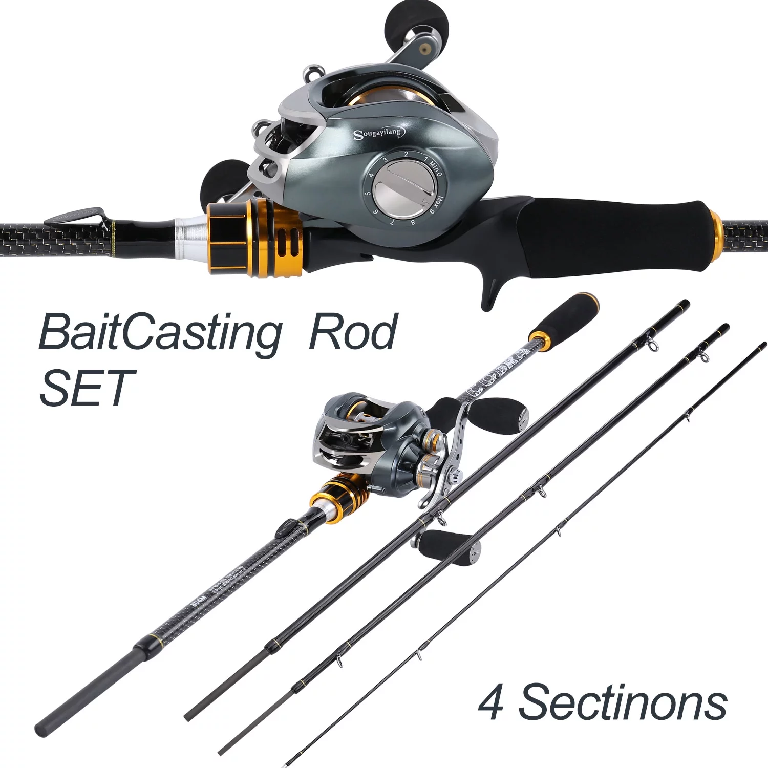Sougayilang Snake Series Casting Rod 4 Piece Fishing Poles and Baitcaster Reel Fishing Combo