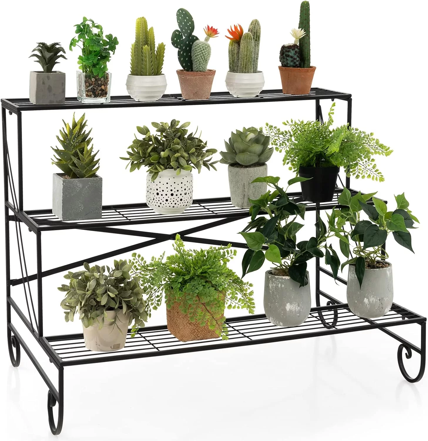 3 Tier Metal Plant Stand, Ladder Shaped Flower Pot Stand w/ Grid Shelf, Tiered Plant Organizer Shelf for Indoor & Outdoor, Utility Plant Display Rack for Living Room Balcony Garden