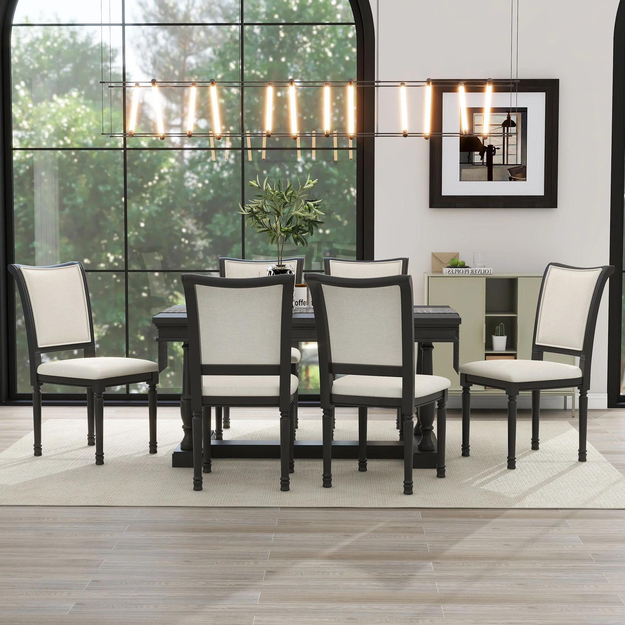 -Piece Dining Table Set with 4 Trestle Base and 6 Upholstered Chairs, Black