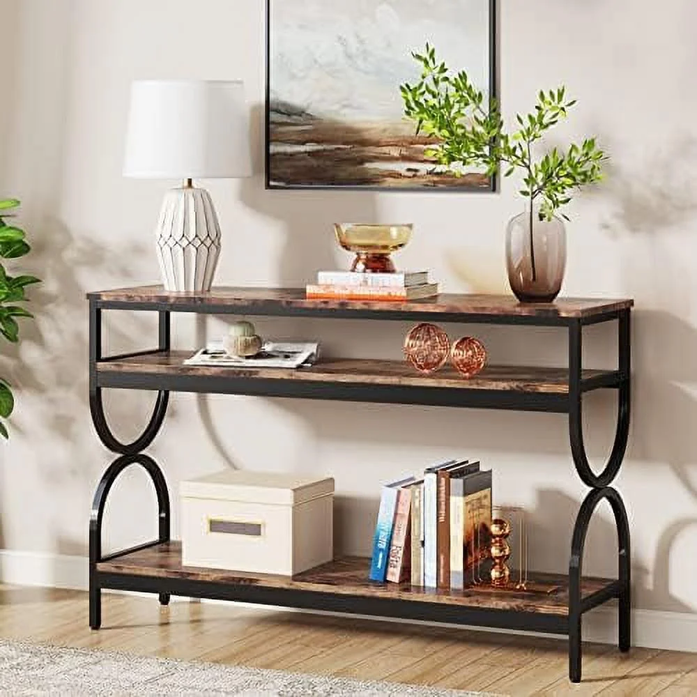 ZWNLKQG 3-Tier Console Table  55 inch Sofa Table with Open  Shelves  Narrow Long Hallway/Entryway Table for Home Living Room Entryway  Rustic Brown