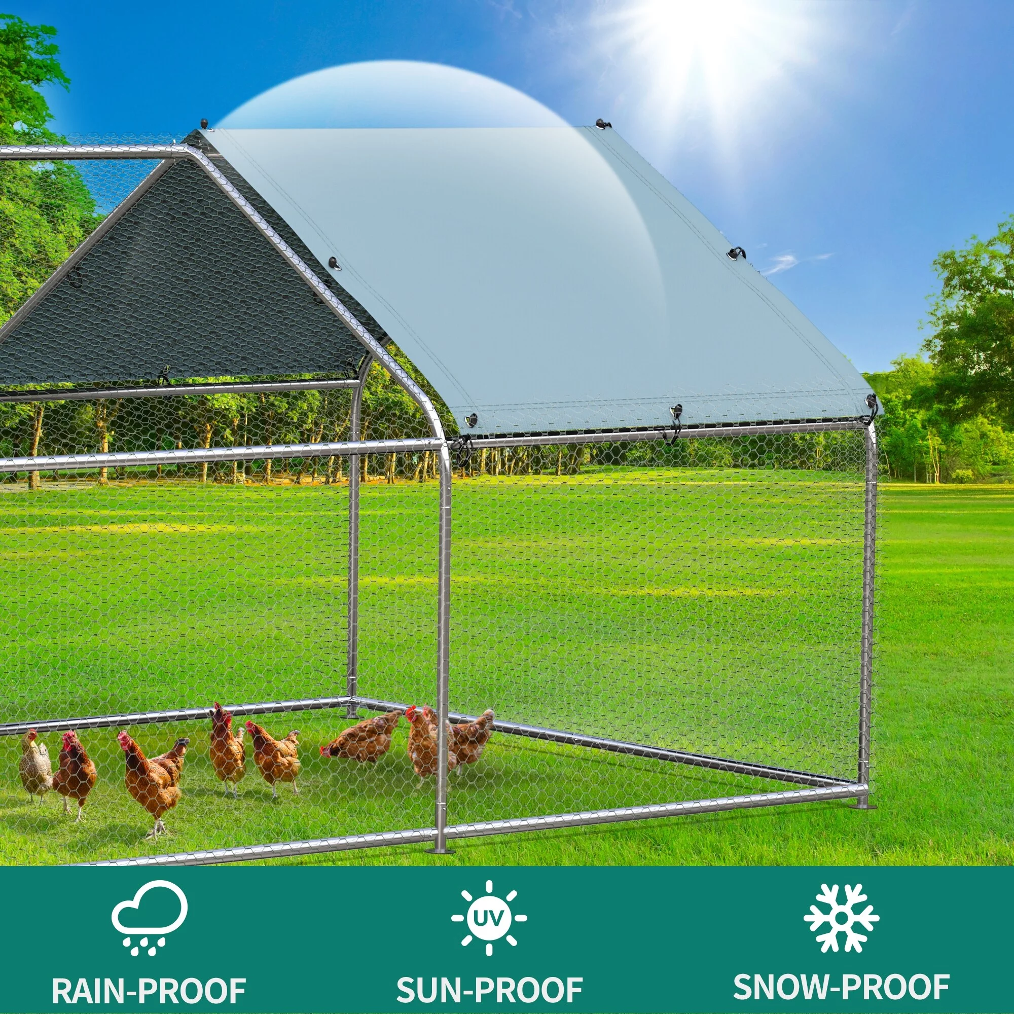 Large Metal Chicken Coop Walk-in Poultry Cage Hen Run with Waterproof and Anti-Ultraviolet Cover