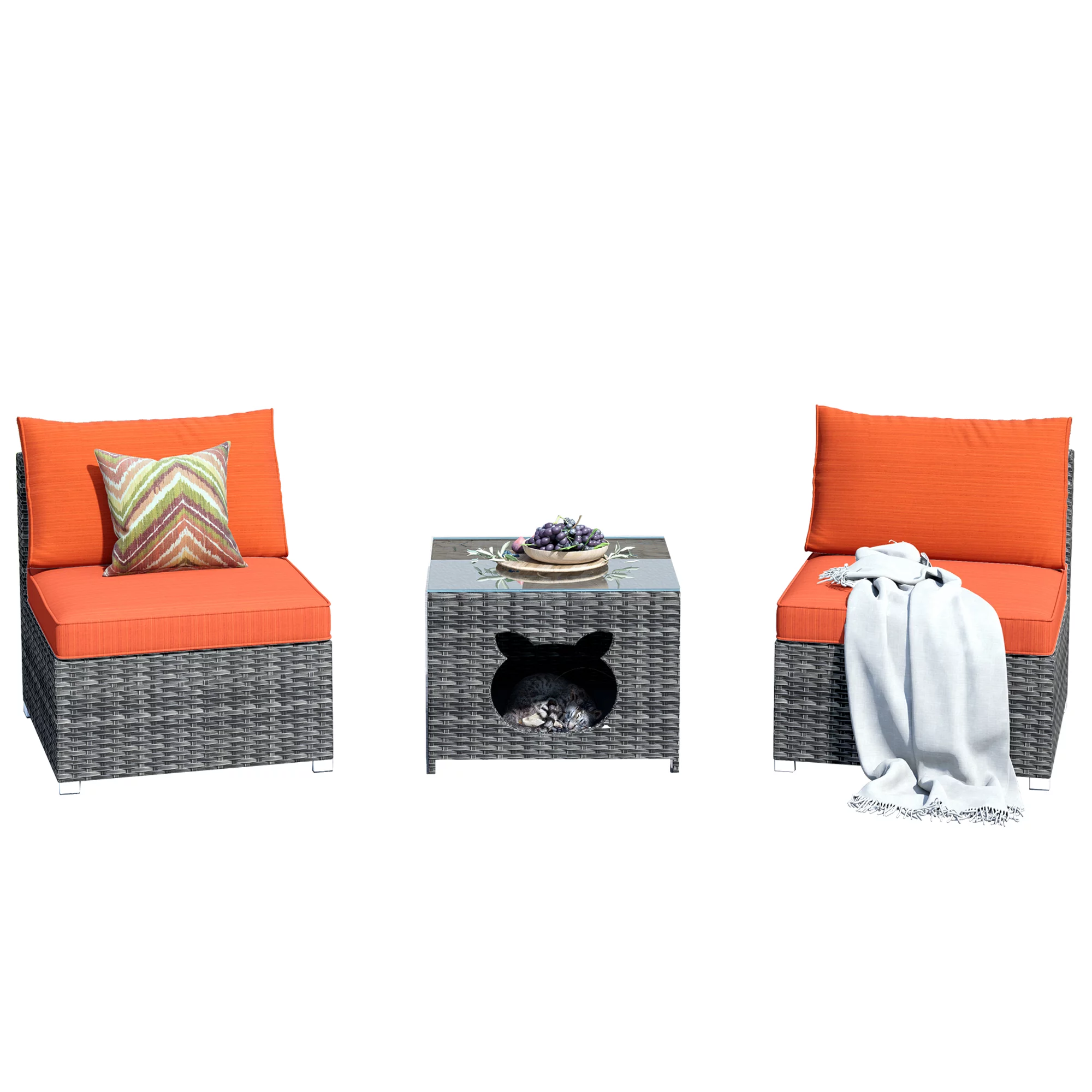 Ovios 3 Piece Outdoor Patio Furniture All-Weather Bistro Set with Cat-Shaped Entrance Coffee Table for Garden Backyard