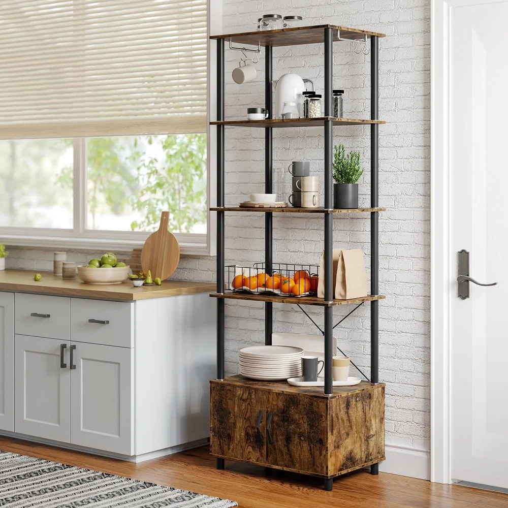 Bestier 5 Tier Kitchen Baker's Rack with Storage Cabinet Microwave Stand Rustic