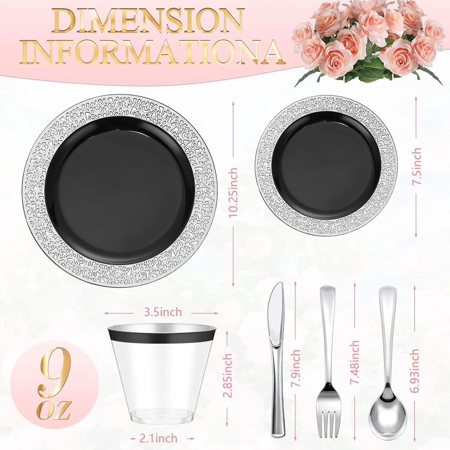 CXIAN 300 Pieces Disposable Plastic Dinnerware Set, 100 Plastic Plates, 150 Knives, Forks and Spoons with 50 Rimmed Plastic Cups for 50 Guests Wedding Party Supplies (Black Silver)