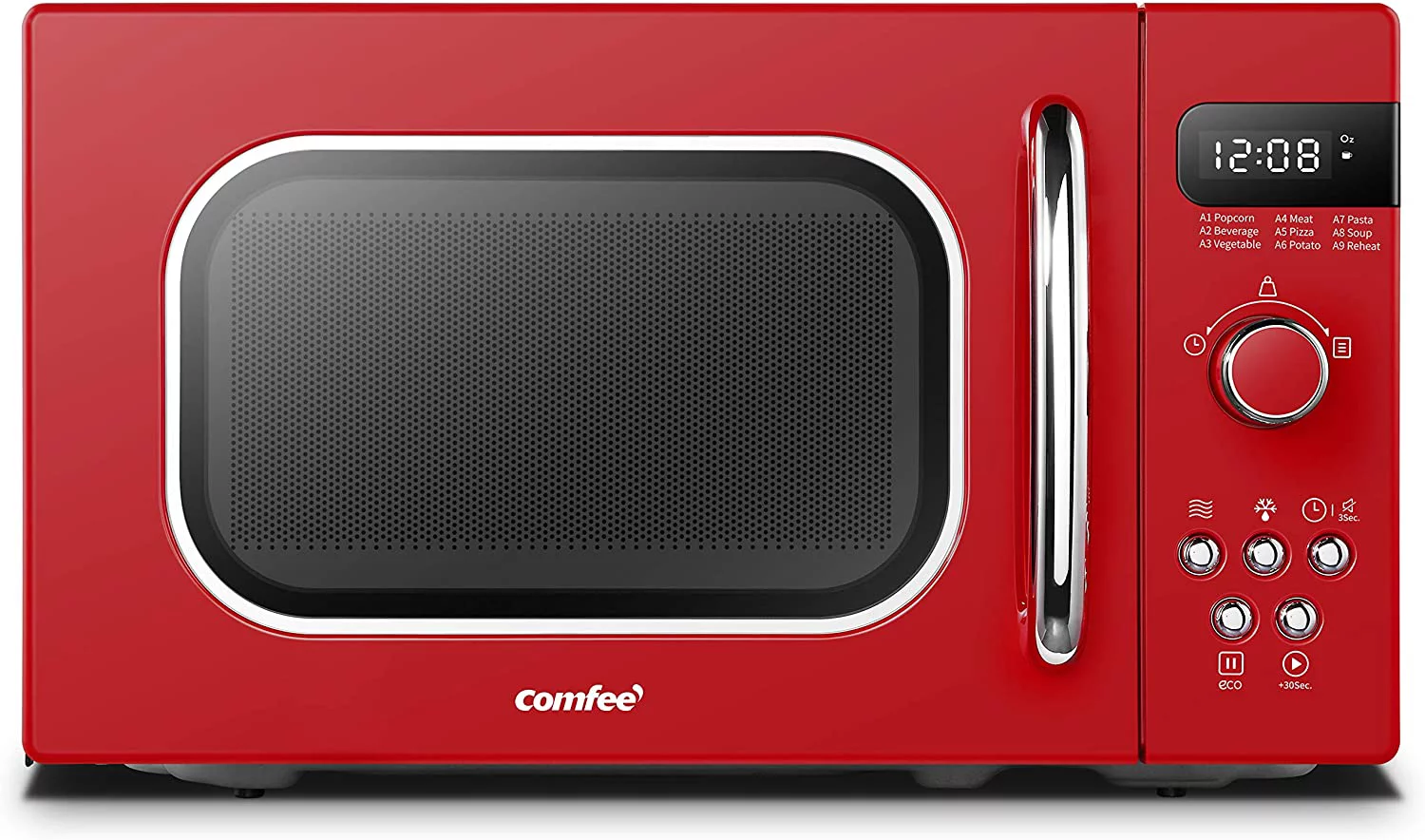 COMFEE' Retro Countertop Microwave Oven with Compact Size, Position-Memory Turntable, Sound On/Off Button, Child Safety Lock and ECO Mode, 0.7Cu.ft/700W, Passionate Red, AM720C2RA-R