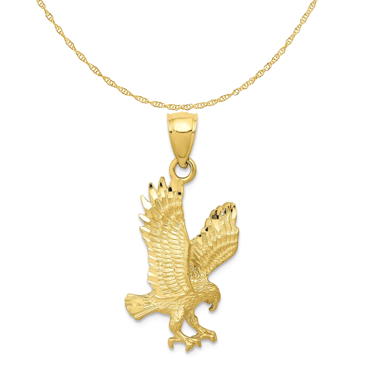 Carat in Karats 10K Yellow Gold Satin Diamond-Cut Eagle Pendant Charm (27.5mm x 14mm) With 14K Yellow Gold Lightweight Rope Chain Necklace 20''
