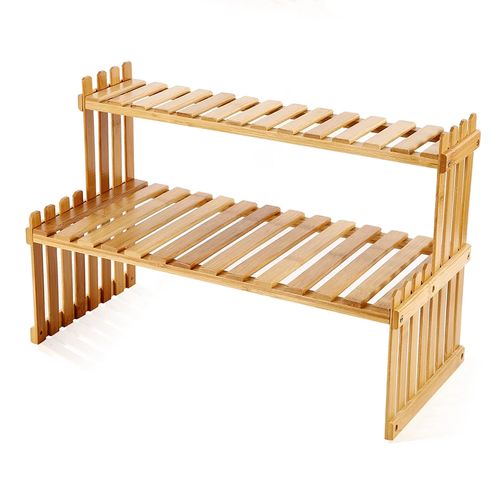 ODOMY Tabletop Natural Bamboo Plant Stand-2 Tier Desktop Shelf Rack