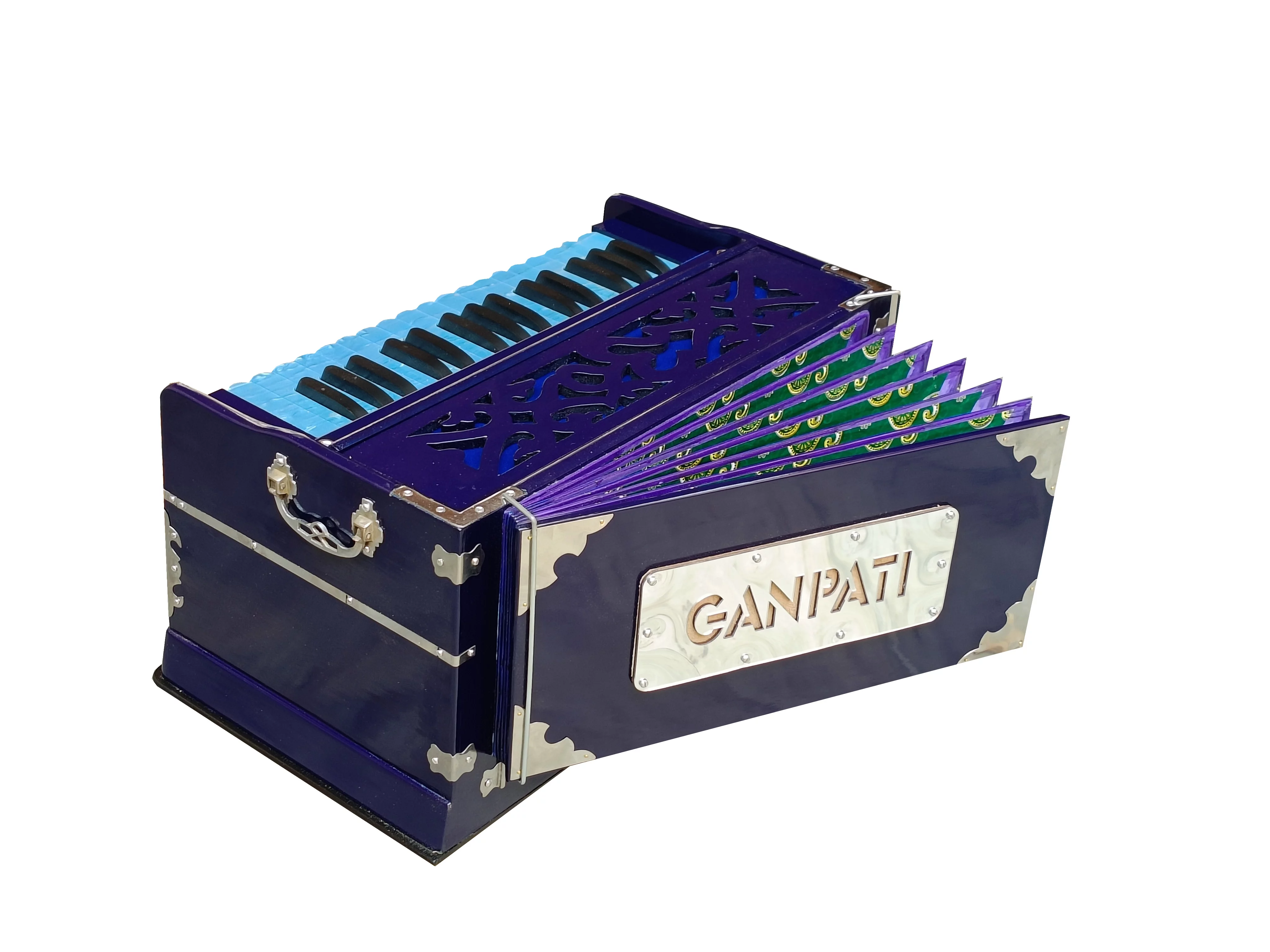Harmonium Blue~2 Octaves~4 Stops~Double Reeds~440 Hz~32 Keys~7 Fold Bellow~Bhajan~Kirtan