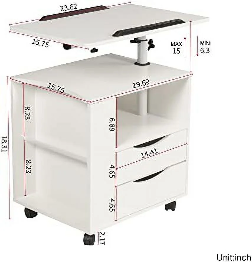 MQLIFEBOOM Height Adjustable Overbed End Table Wooden Nightstand with Swivel Top  Drawers  Wheels and Open  (Black Oak)