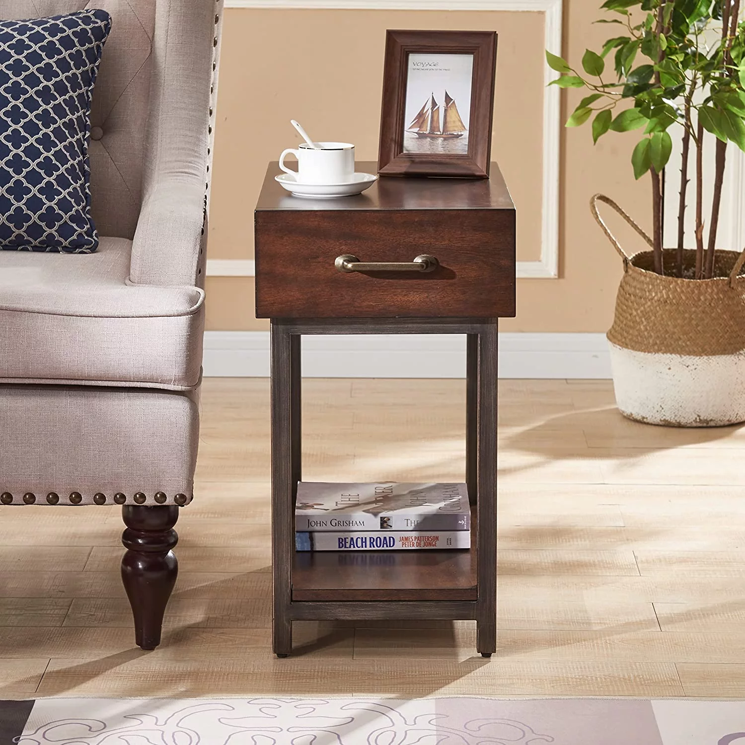 Narrow End Table with Drawer   Vintage Chair Couch  Living Room Solid Wood  Cherry Brown Finish