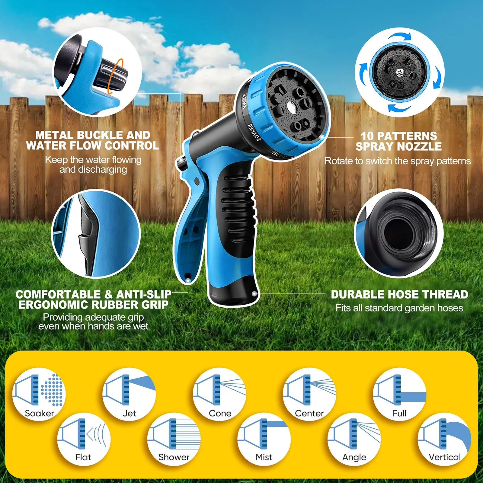 InnOrca Expandable Garden Hose, Multi-Purpose Water Hose with Leak-Proof Design, 10-Pattern Spray Nozzles & Anti-Rust Solid Brass Connector, 100FT, Blue.