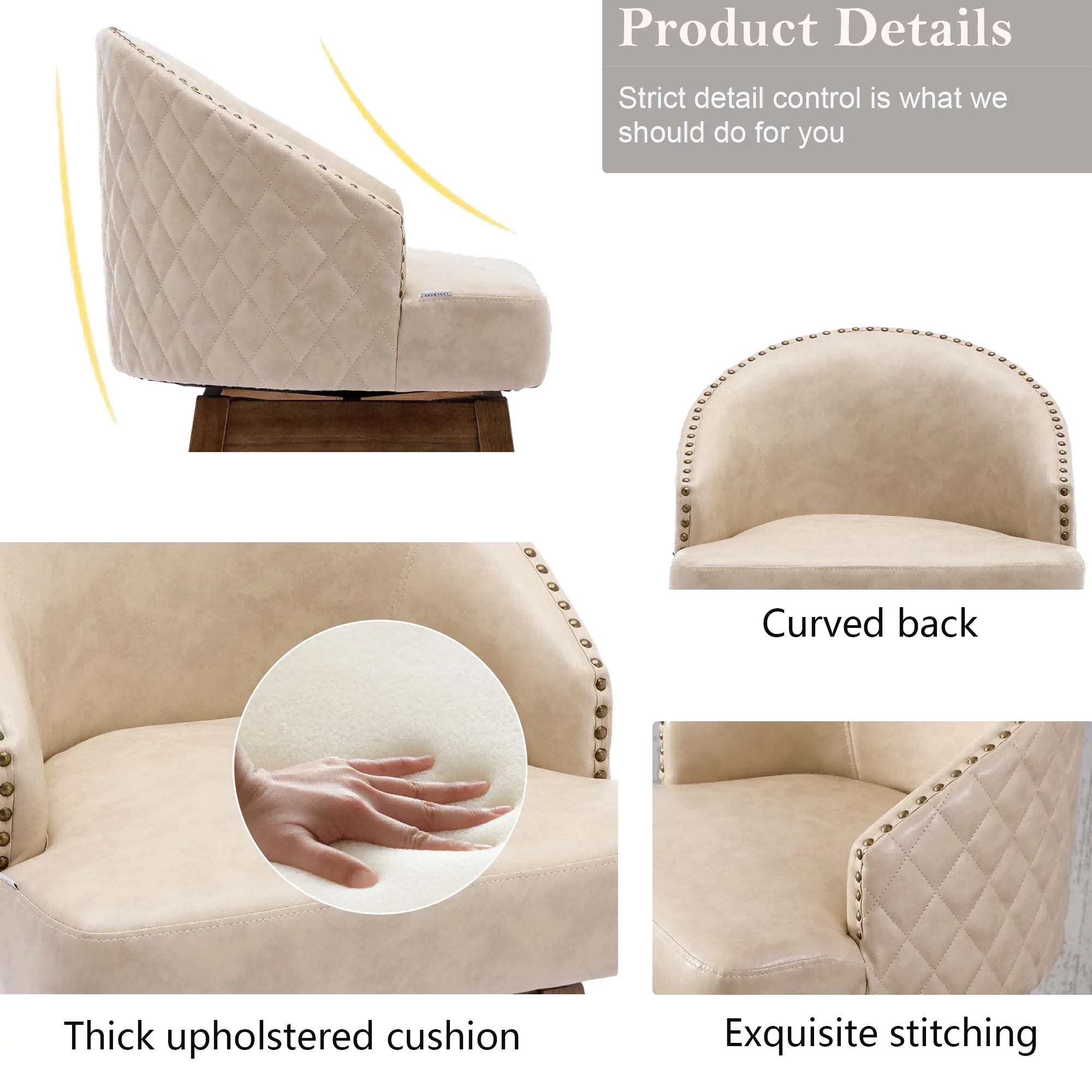 Upholstered Bar Stools, Counter Height 360 Degree Swivel Bar Stool Chairs with Solid Wood Legs Kitchen Island Padded Barstools with Nailhead Trim and Footrest(Apricot PU,Set of 2)