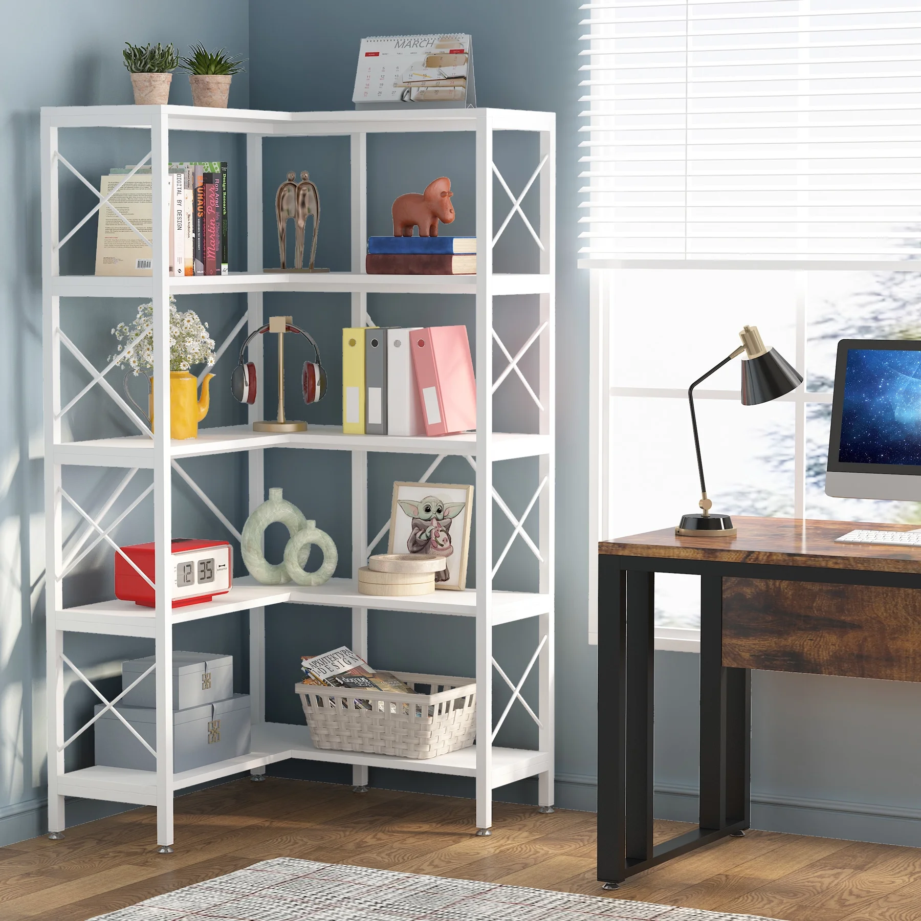 5 Tier Industrial Corner Shelf Bookcase, Tall Vintage Bookshelves Etagere, Storage Display Rack, White