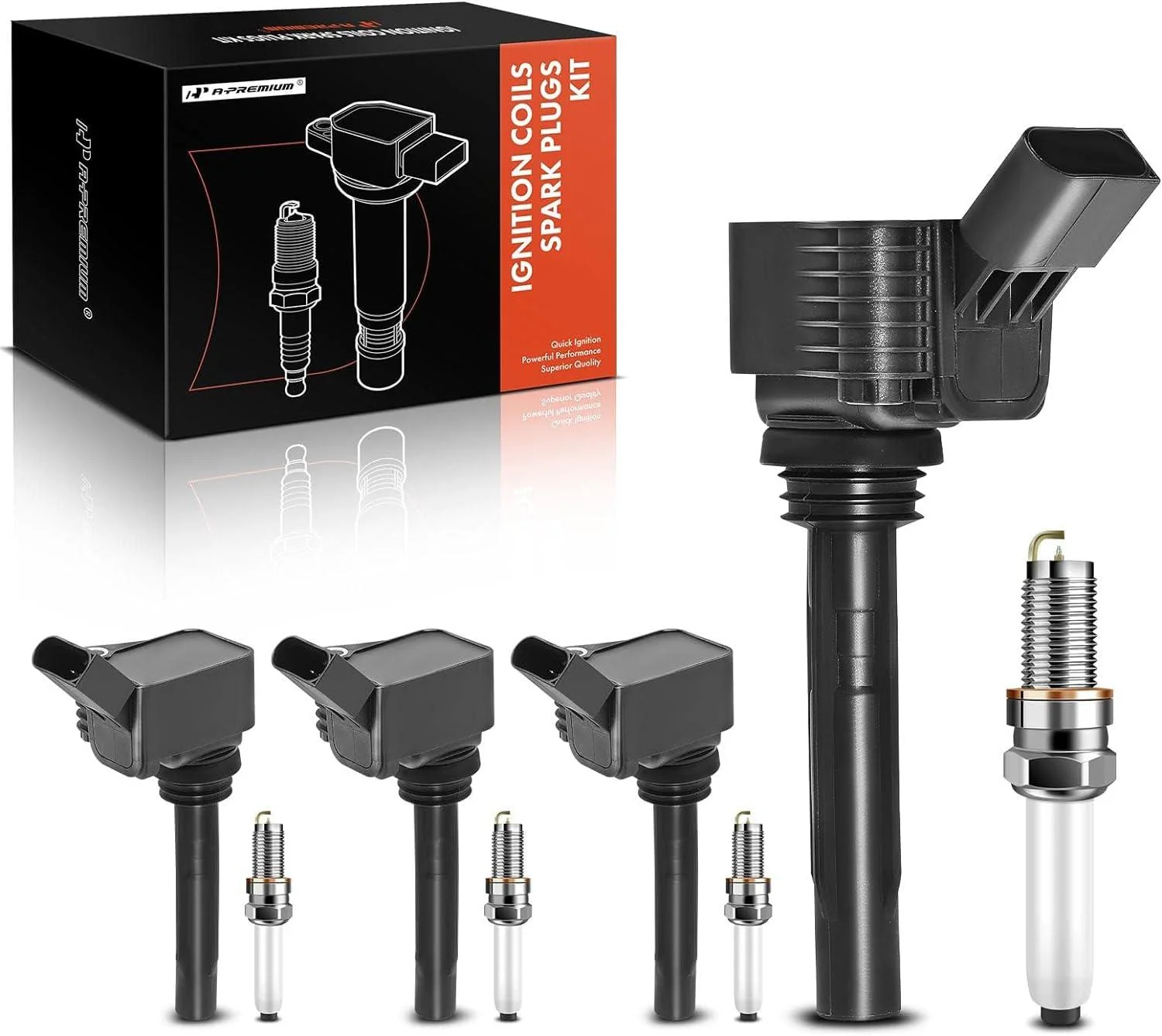 A-Premium Set of 4 Ignition Coil Pack and Iridium Spark Plugs Compatible with Volkswagen Jetta 2013/2016-2018 & Audi A3 Sportback e-tron 2016-2018, 1.4L, Replace# NGK95463, 04C905110H
