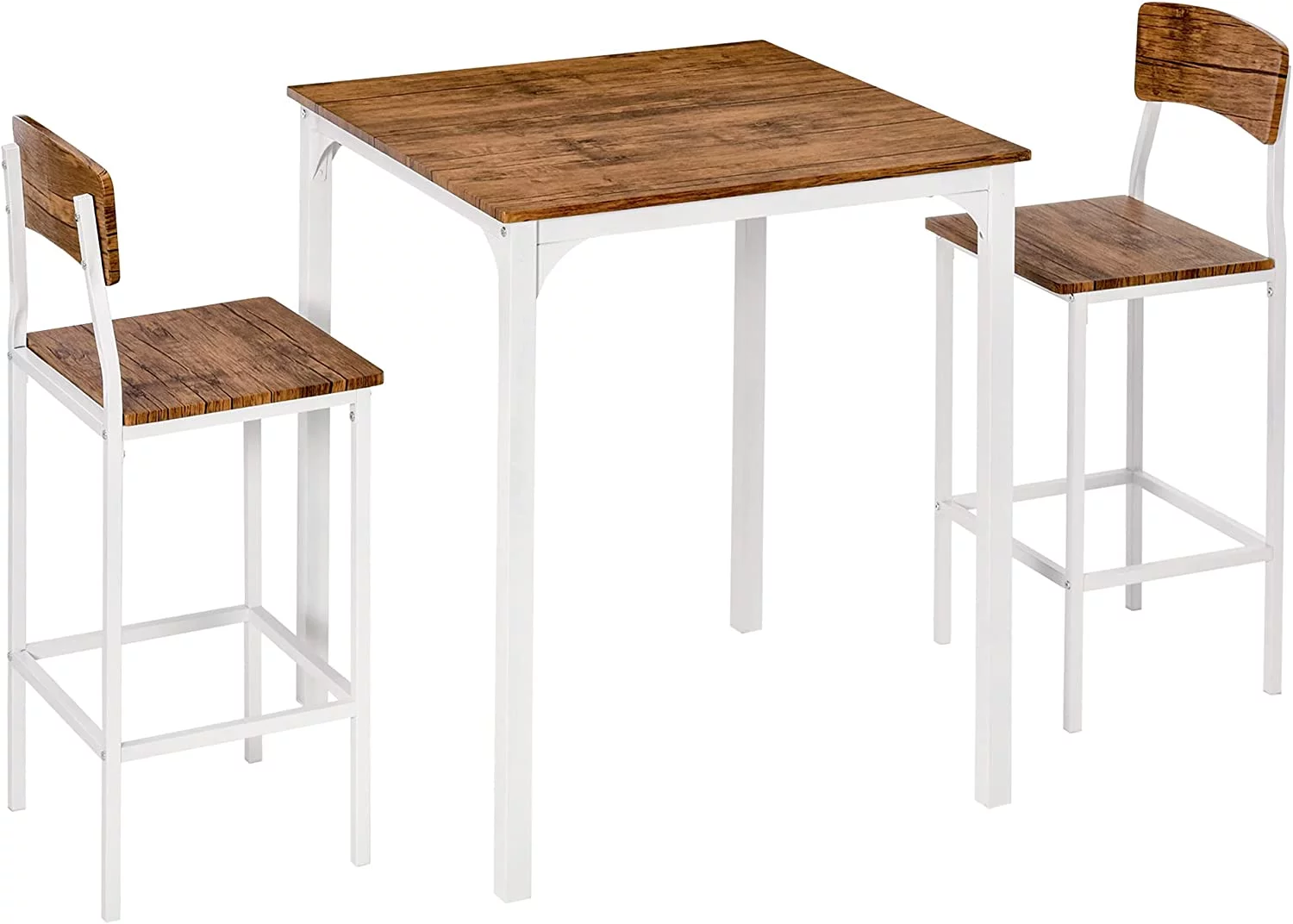 3 Piece Bar Table Set, Industrial Counter Height Dining Table Set, Bar Table & Chairs with Steel Legs & Footrests, White
