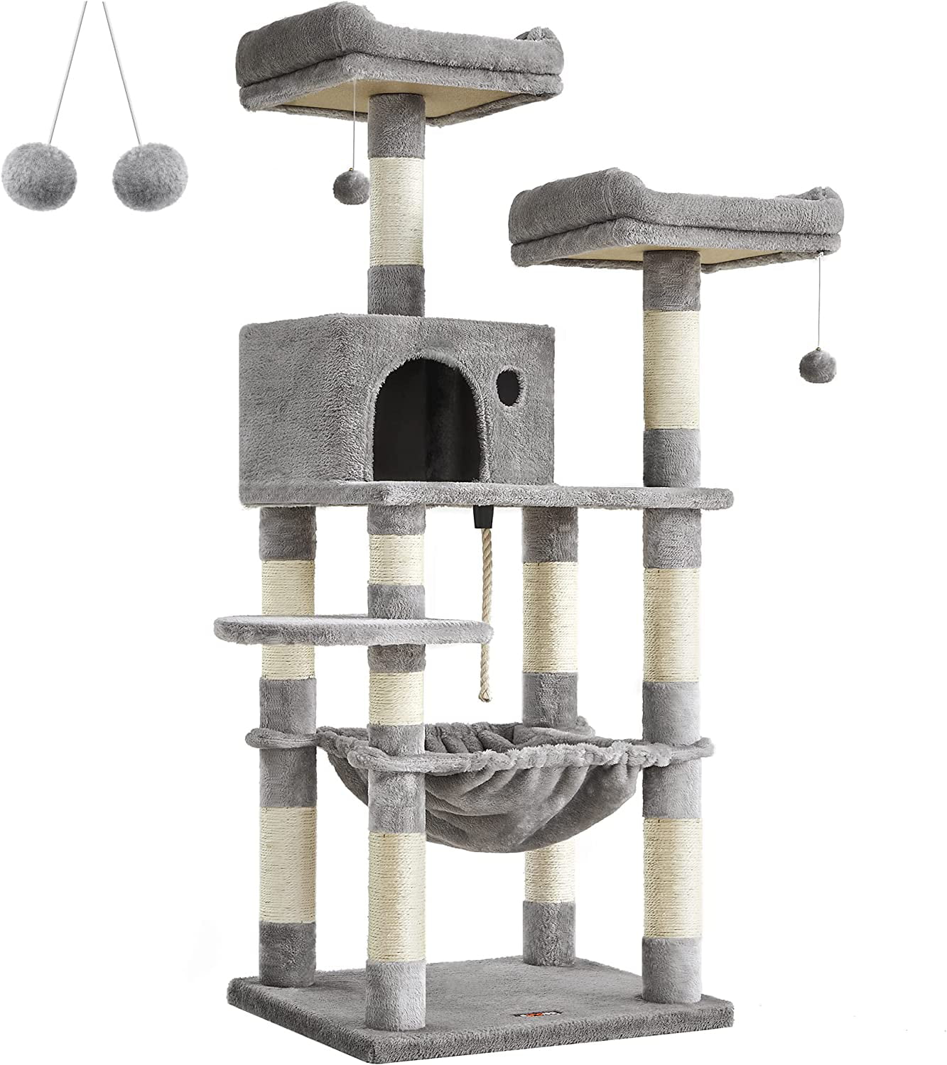Feandrea Cat Tree, 44.1-Inch Cat Tower for Indoor Cats, Multi-Level Cat Condo with 11 Scratching Posts, 2 Perches, Cave, Hammock, Smoky Gray