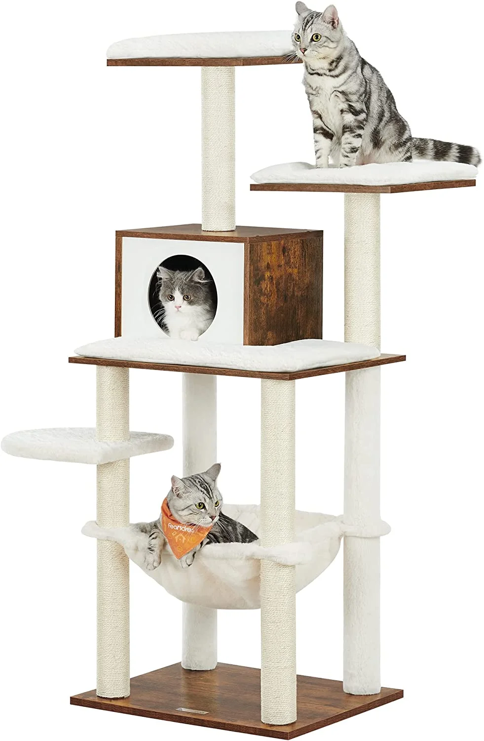 WoodyWonders Cat Tree, Modern Cat Tower for Indoor Cats, 54.3-Inch Multi-Level Cat Condo, Ultra-Soft Plush, Scratching Posts, Hammock, Removable, Washable Cushions, Cloud White UPCT164W01