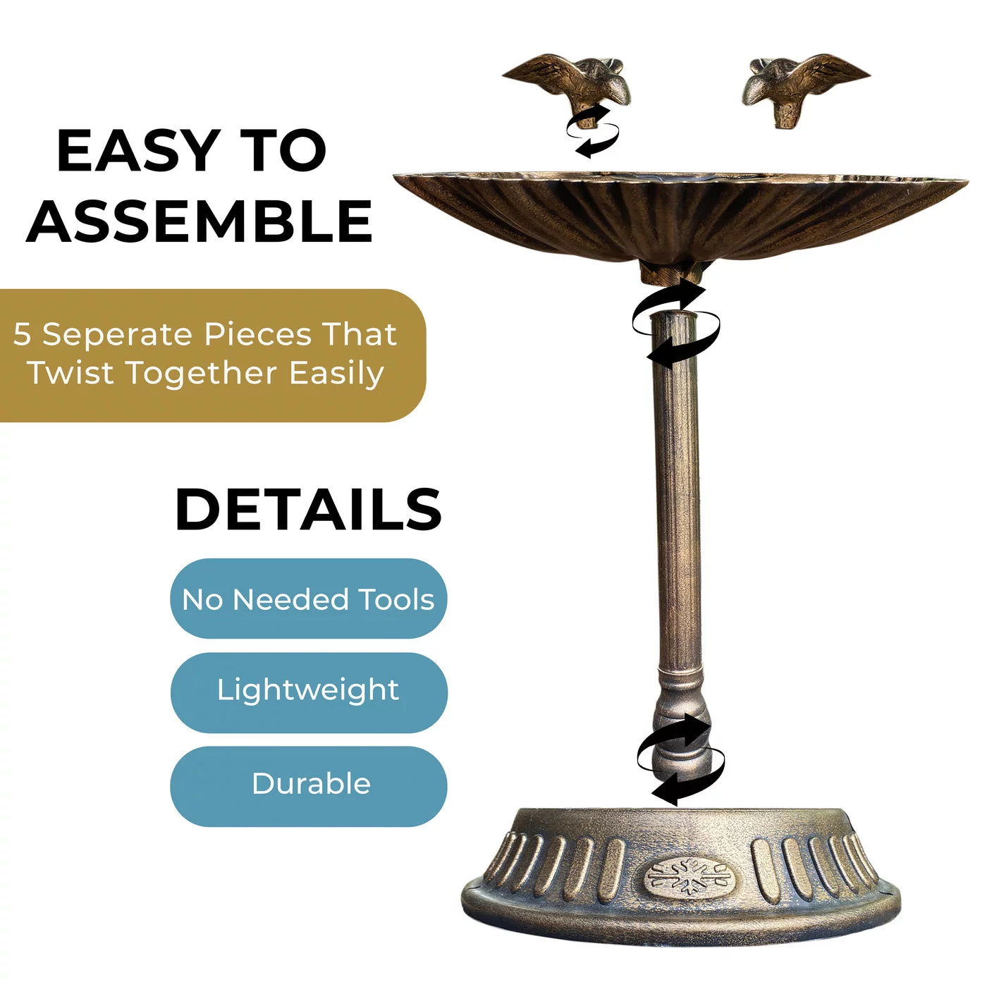 Polyresin Lightweight Antique Outdoor Garden Bird Bath with Bird Decorations - Bronze