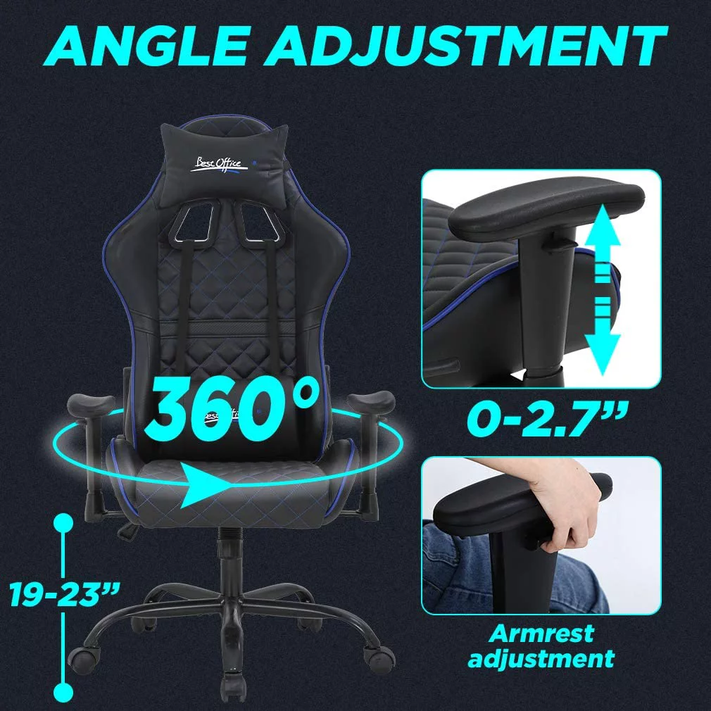 PC Gaming Chair Home Office Chair Ergonomic Computer Chair with Lumbar Support Headrest Adjustable Armrest Rolling Swivel E-Sports Racing Chair Desk Task Chair (Blue)