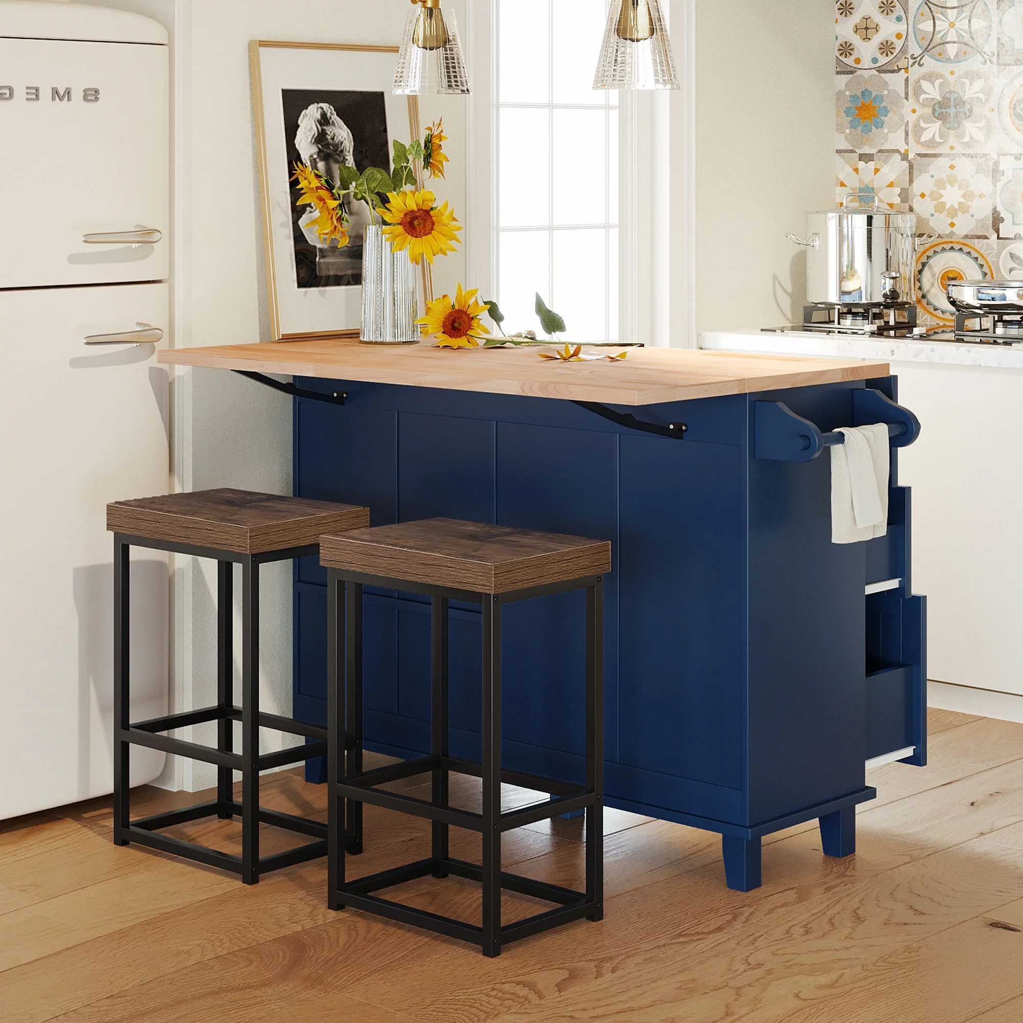 Homiyad Farmhouse Kitchen Island Set with Drop Leaf and 2 Seatings, Dining Table Set with Storage Cabinet, Drawers and Towel Rack, Blue+Black+Brown