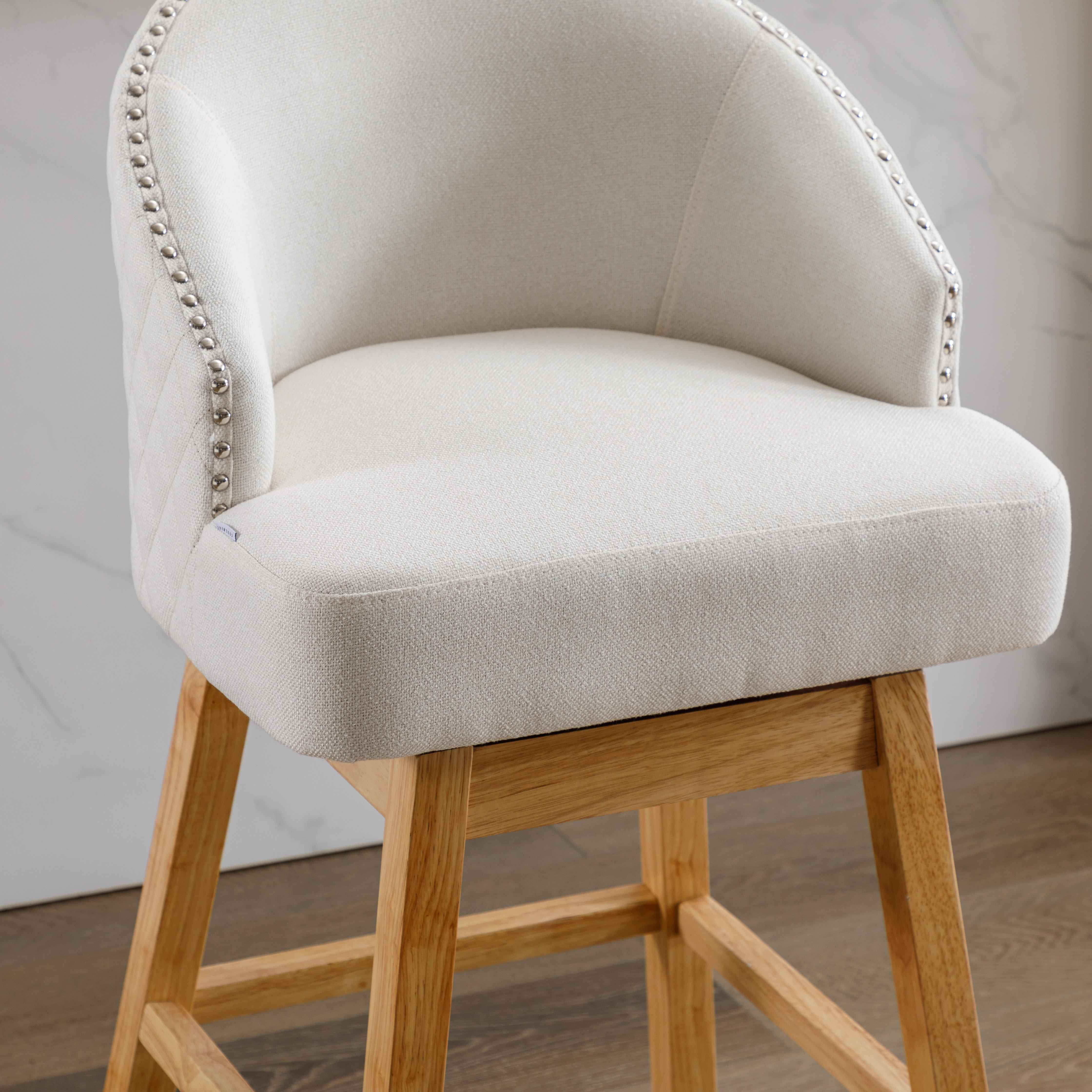 360 Degree Swivel Bar Stools, Counter Height Barstools, Modern Upholstered Bar Stools with Nailhead Trim Bar Chairs, 27 Inch Kitchen Island Bar Chair, Solid Wood Legs(Beige Linen,Set of 8)
