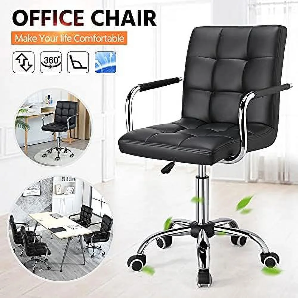 ZFGSUIJN Office Task Chair Computer Desk Chair Modern Ribbered PU Leather Mid-Back Adjustable Height Comfy Swivel Chair w/Armrests and Wheels  Brown
