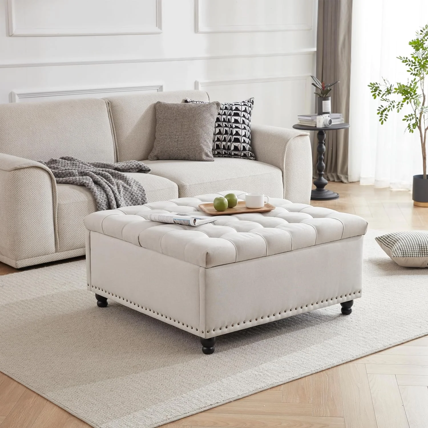 Tfit 35.5“ Large Square Storage Ottoman Bench, Tufted Upholstered Coffee Table Ottoman with Storage, Oversized Storage Ottomans Toy Box for Living Room，Beige