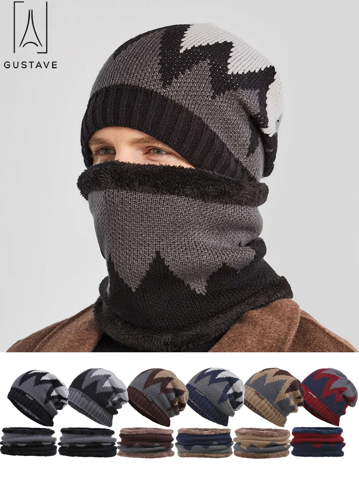 Gustave 2 Pieces Winter Beanie Hat and Scarf Set Warm Hat Knit Thick Fleece Lined Skull Cap Circle Scarf Neck Warmer for Men Women Gifts, Gray