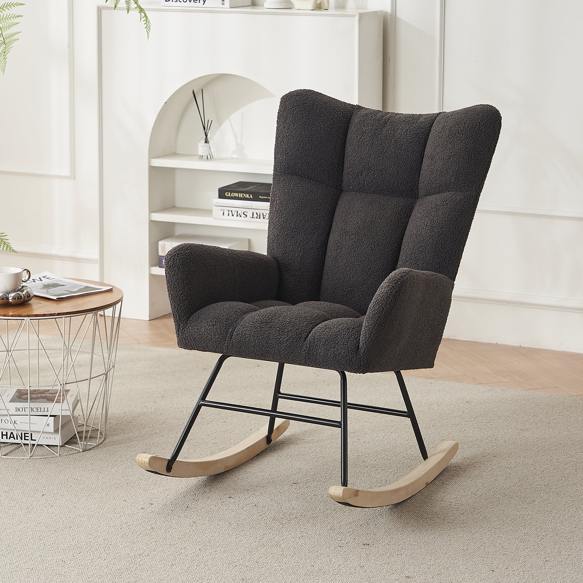 SYNGAR Modern Rocking Chair, Nursery Chair Teddy Fabric Upholstered Glider Rocker Comfy Accent Chair with High Backrest and Wood Curved Base for Living Room, Bedroom, Office, Dark Gray