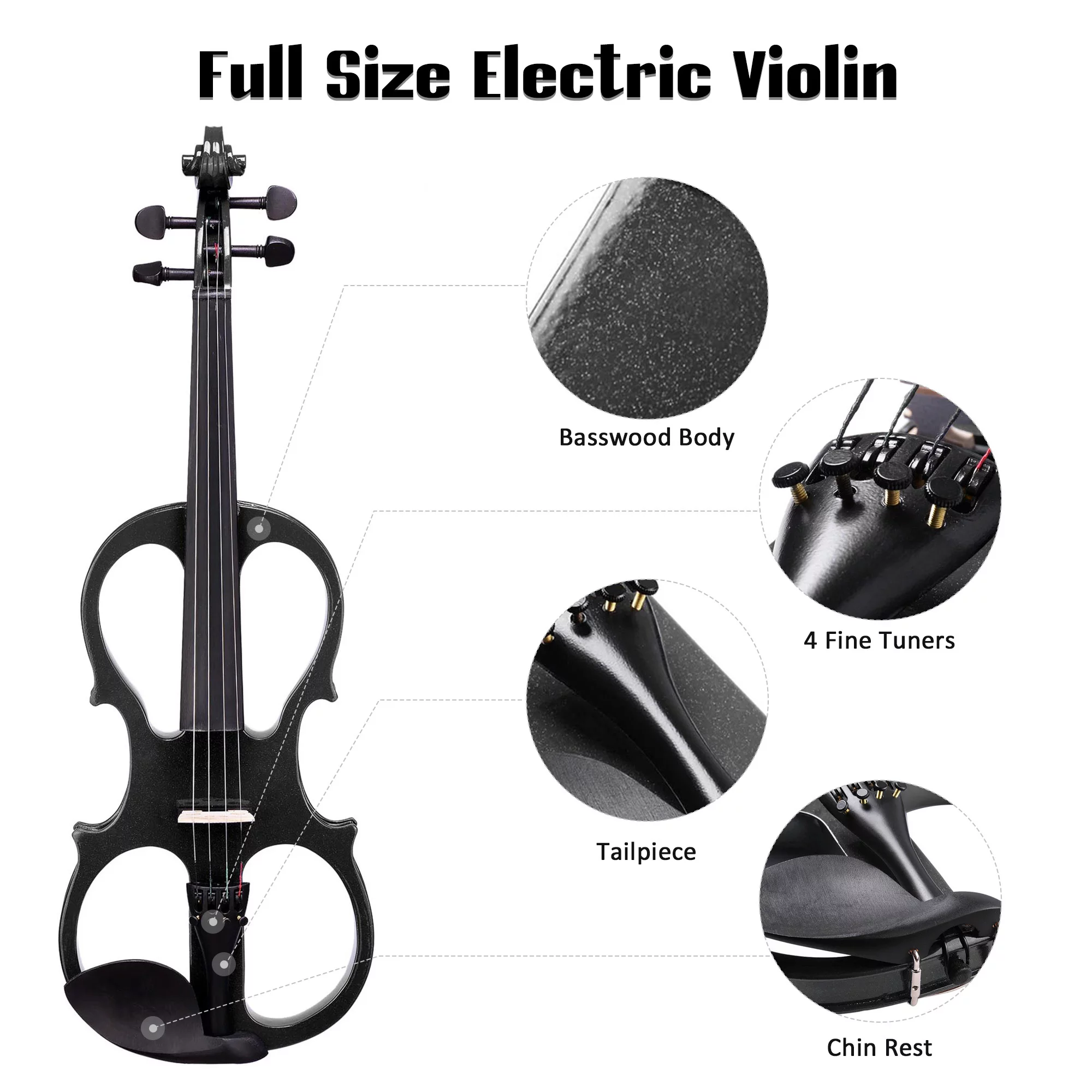 4/4 Electric Violin Full Size Wood Silent Fiddle Stringed Instrument Bow Headphone Case Black