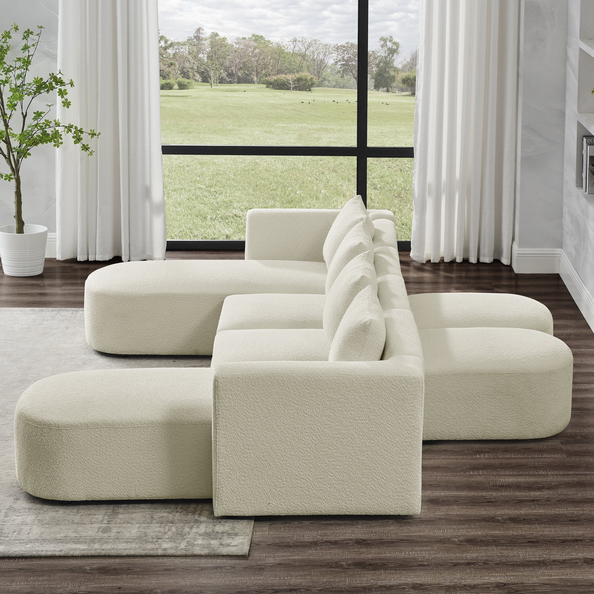 Homiyad U Shape Sectional Sofa Including Two Single Seat, Two Chaises and Two Ottomans, Modular Sofa, Diy Combination, Loop Yarn Fabric, Beige