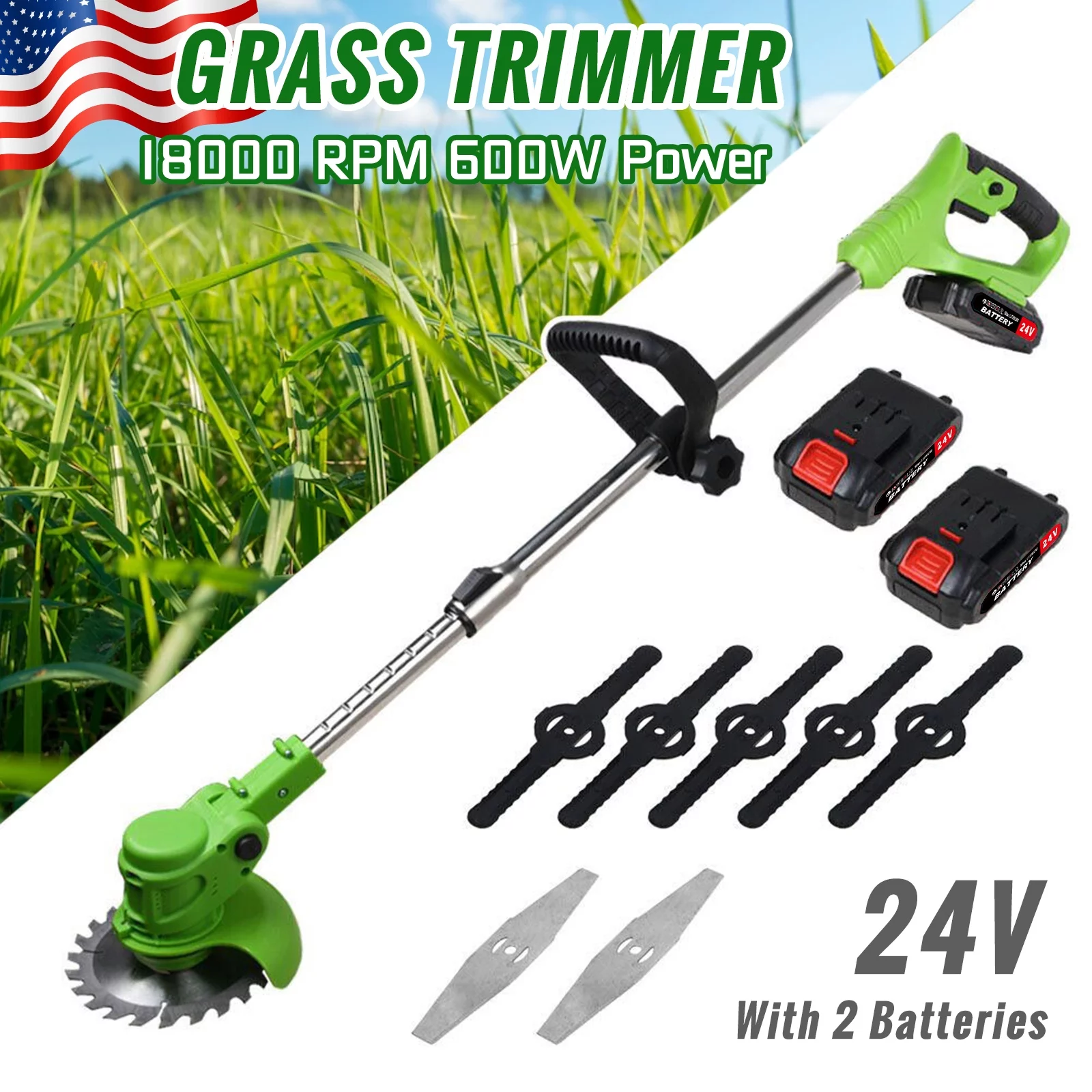 Electric Grass Trimmer Weed Lawn Edger Eater, 24V 650W Battery Weed Wacker, Cordless Grass Trimmer, Electric Weed Eater, Cordless Grass Cutting Machine with 2 Battery